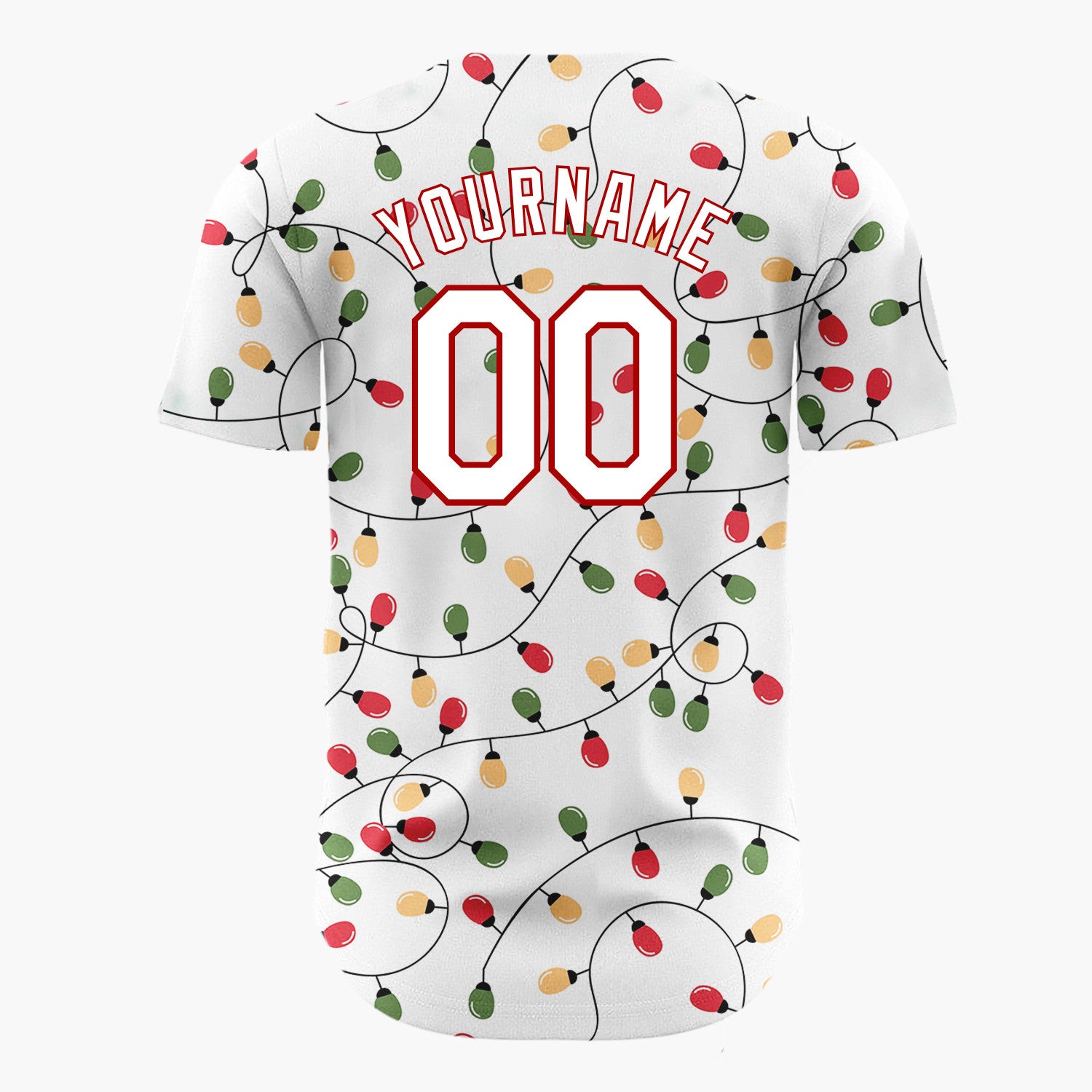 Custom White Red Green Orange Christmas Lights Loose String Pattern Christmas Baseball Jersey