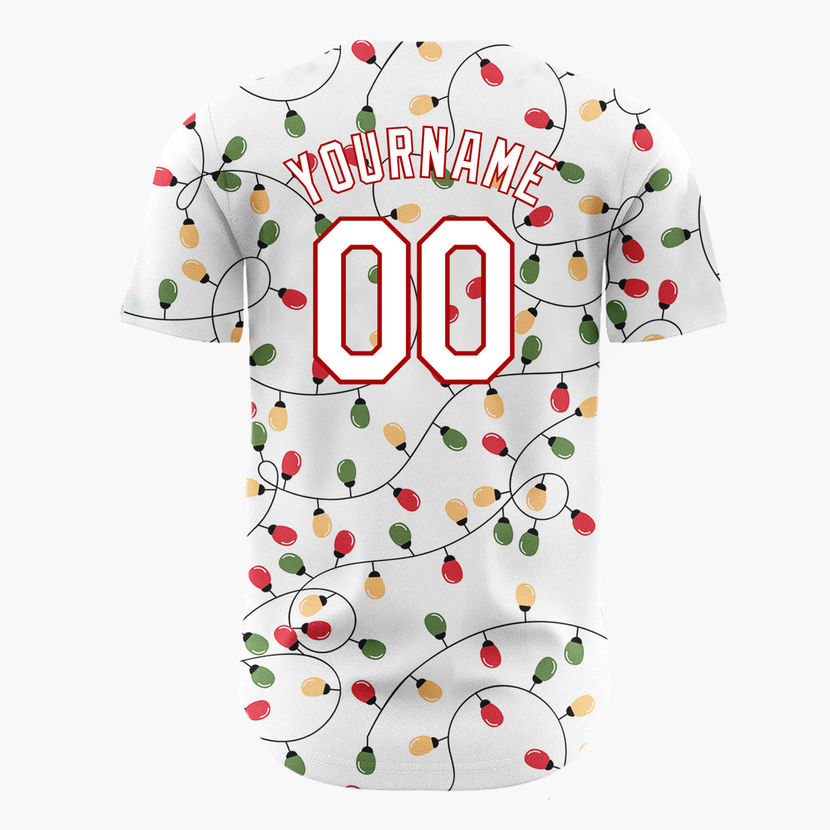 Custom White Red Green Orange Christmas Lights Loose String Pattern Christmas Baseball Jersey
