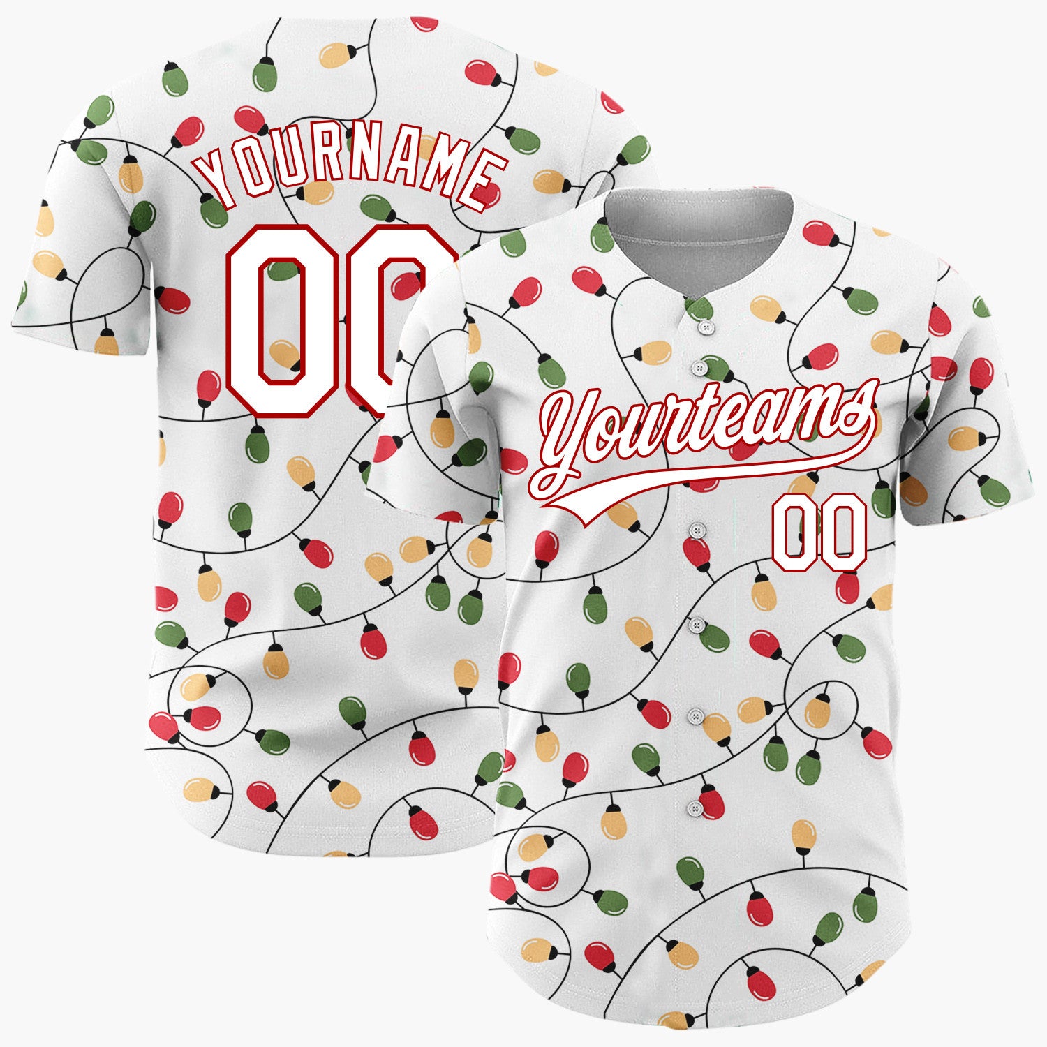 Custom White Red Green Orange Christmas Lights Loose String Pattern Christmas Baseball Jersey
