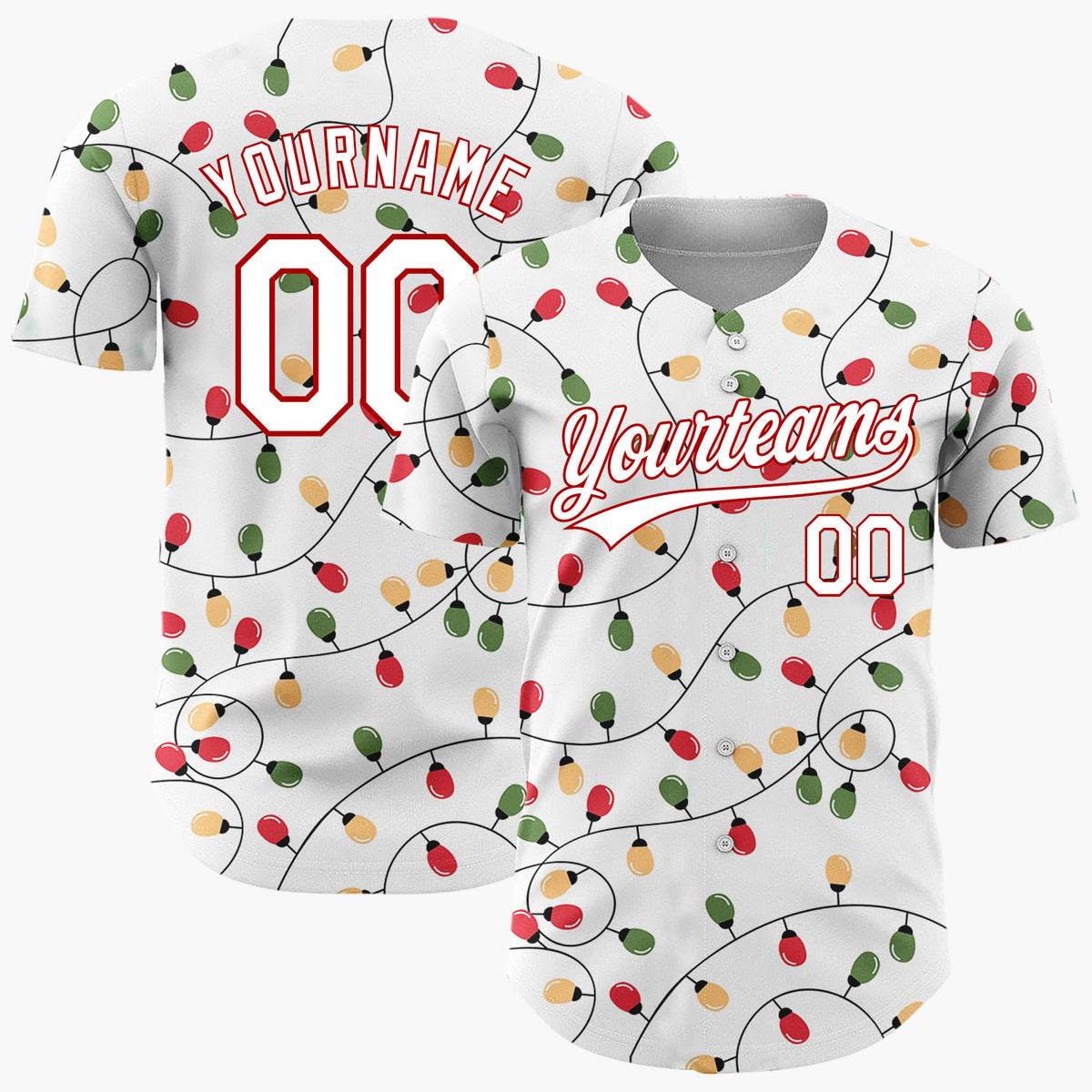 Custom White Red Green Orange Christmas Lights Loose String Pattern Christmas Baseball Jersey