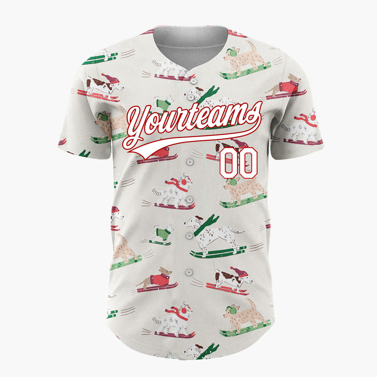 Custom White Dogs Sledding Christmas Cartoon Pattern Christmas Baseball Jersey