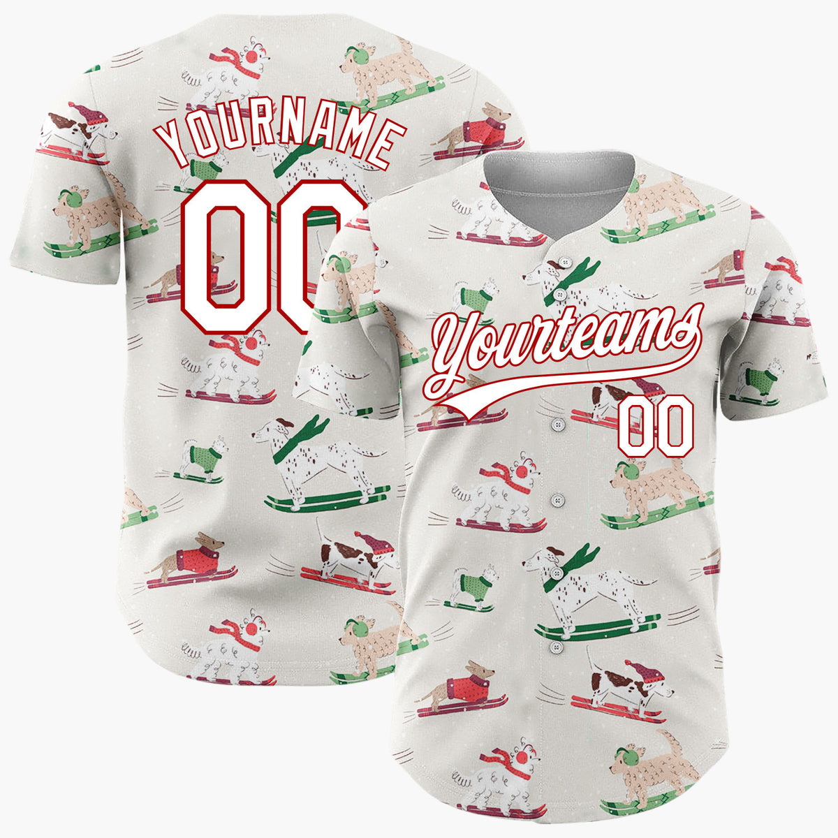 Custom White Dogs Sledding Christmas Cartoon Pattern Christmas Baseball Jersey