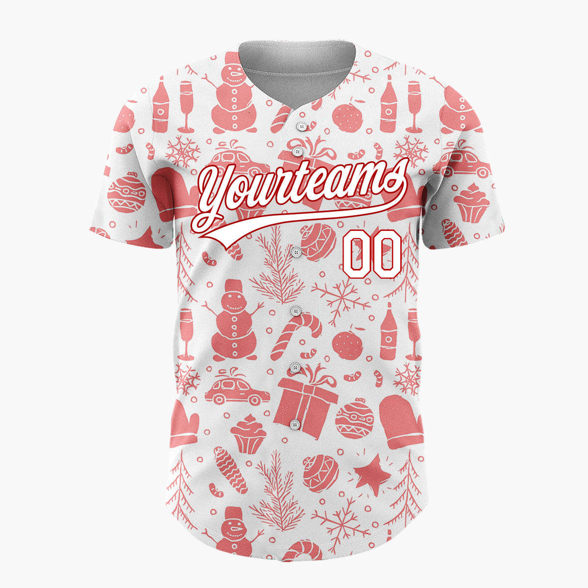 Custom White Coral Christmas Icon Silhouette Pattern Christmas Baseball Jersey