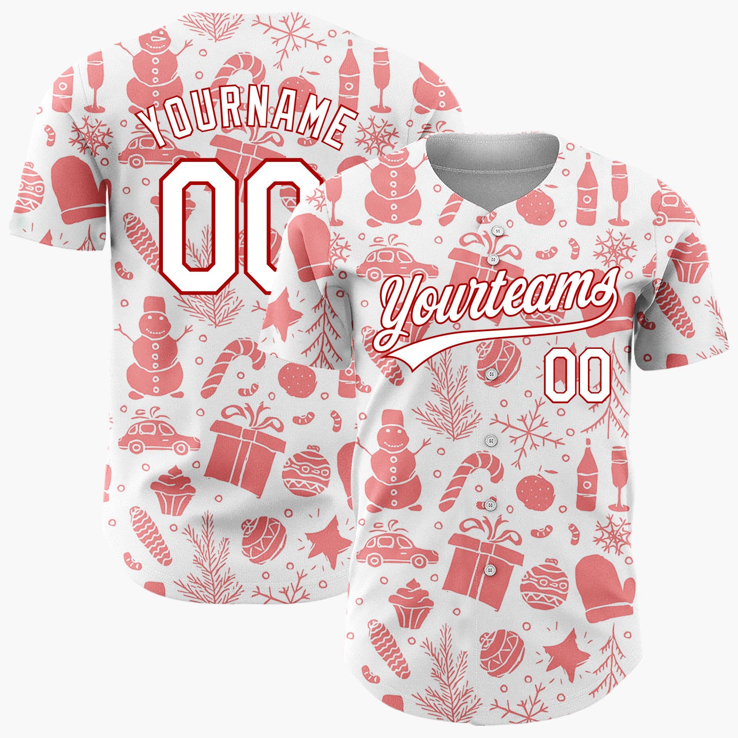 Custom White Coral Christmas Icon Silhouette Pattern Christmas Baseball Jersey