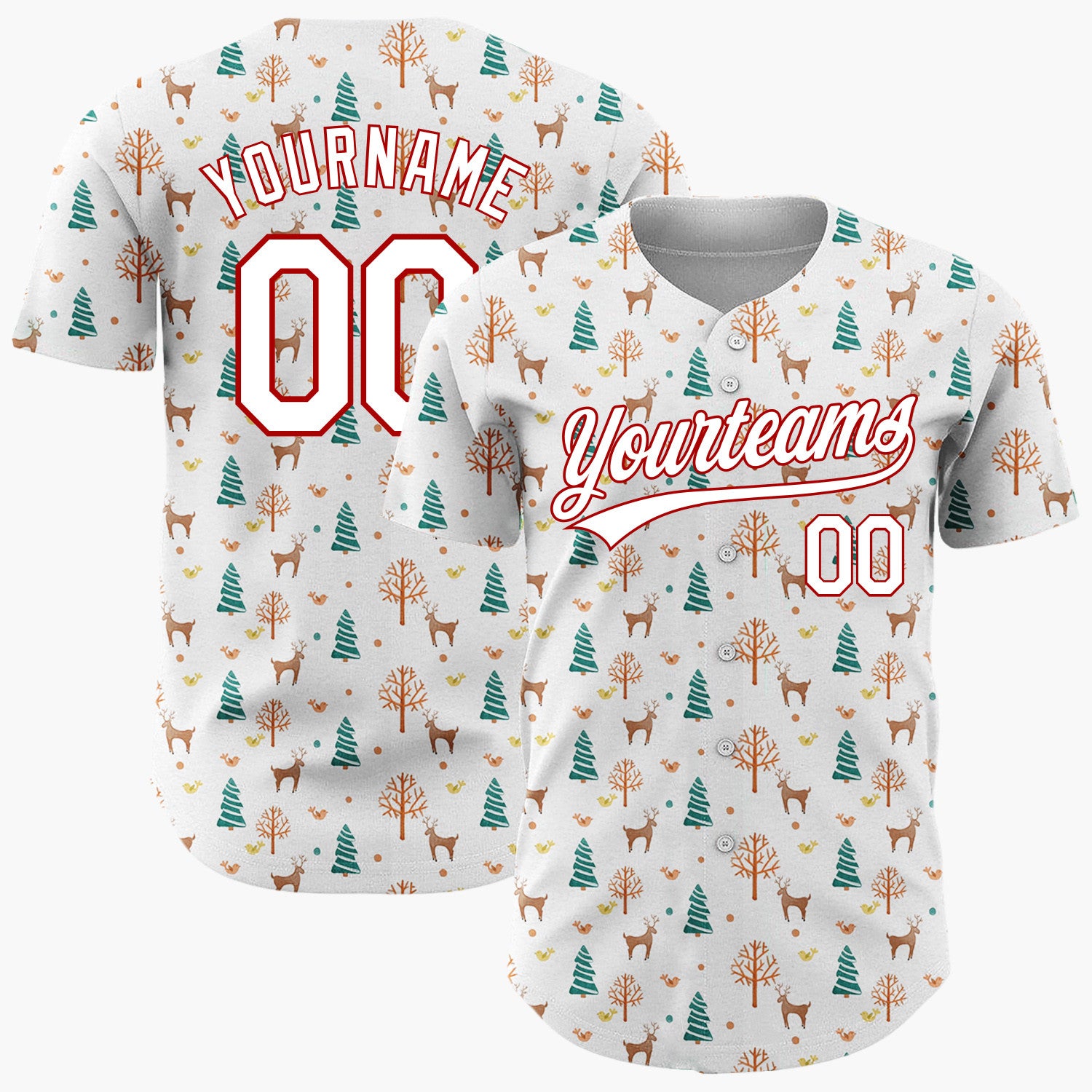 Custom White Christmas Trees And Reindeer Cartoon Pattern Christmas Baseball Jersey