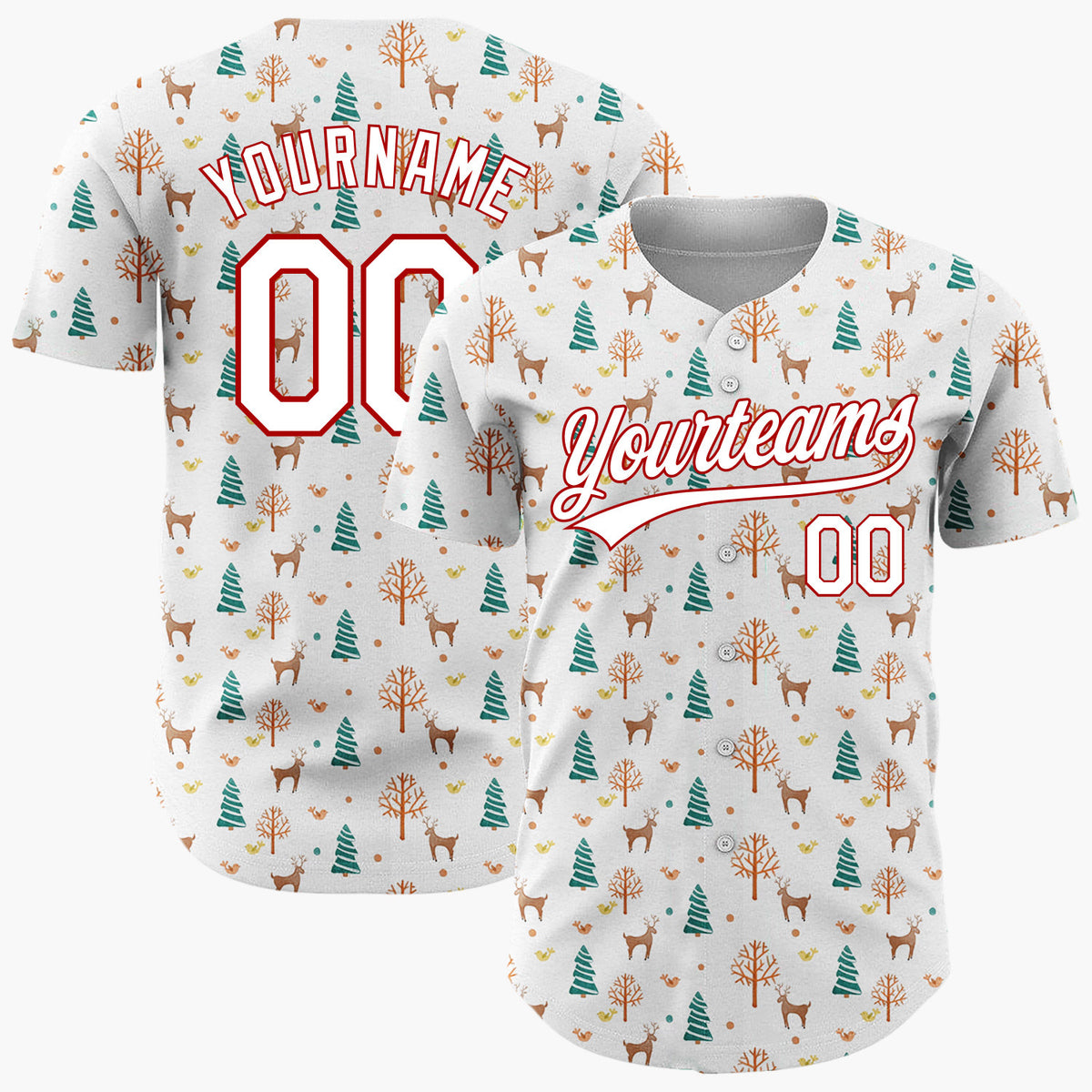 Custom White Christmas Trees And Reindeer Cartoon Pattern Christmas Baseball Jersey
