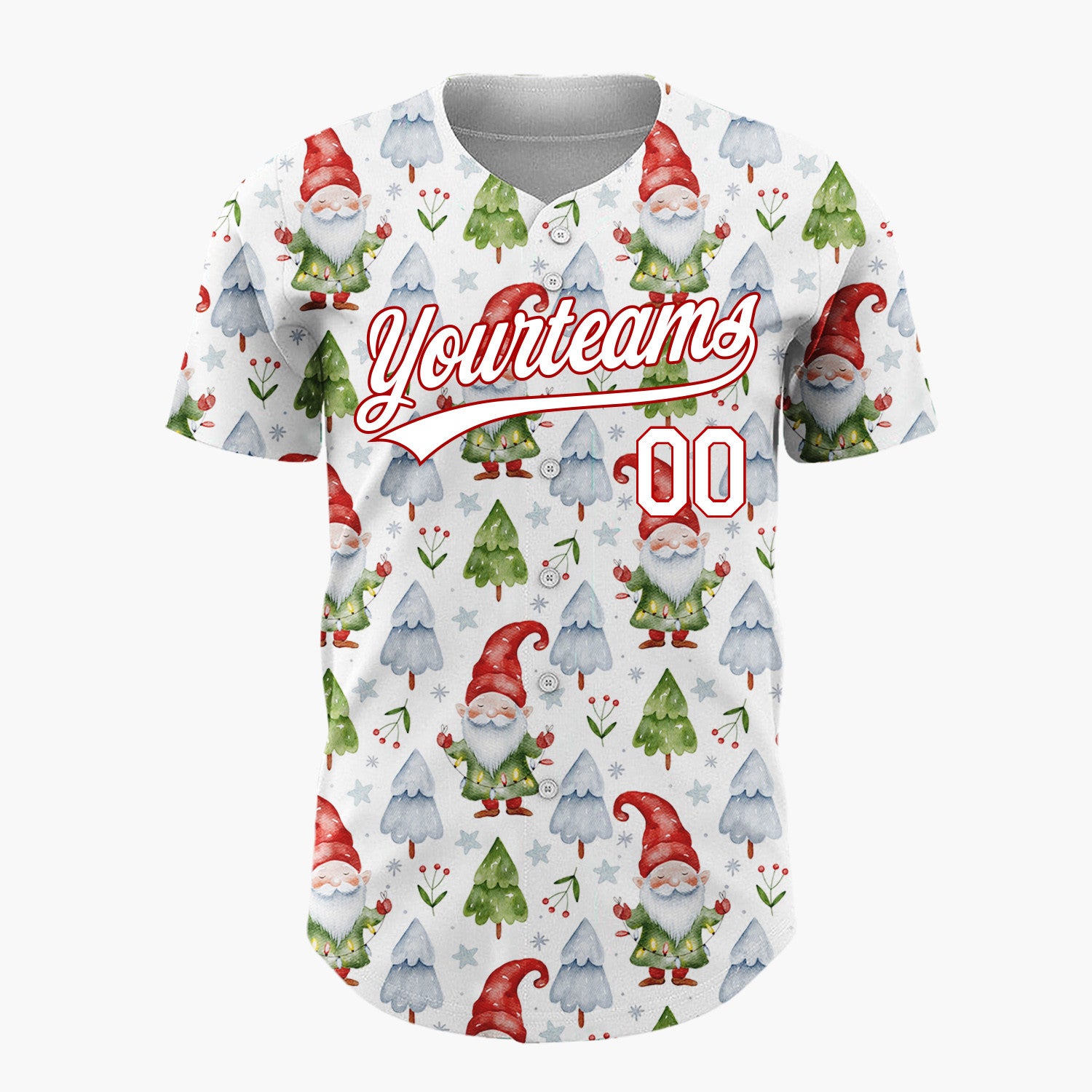 Custom White Gnomes And Christmas Trees Watercolor Christmas Baseball Jersey