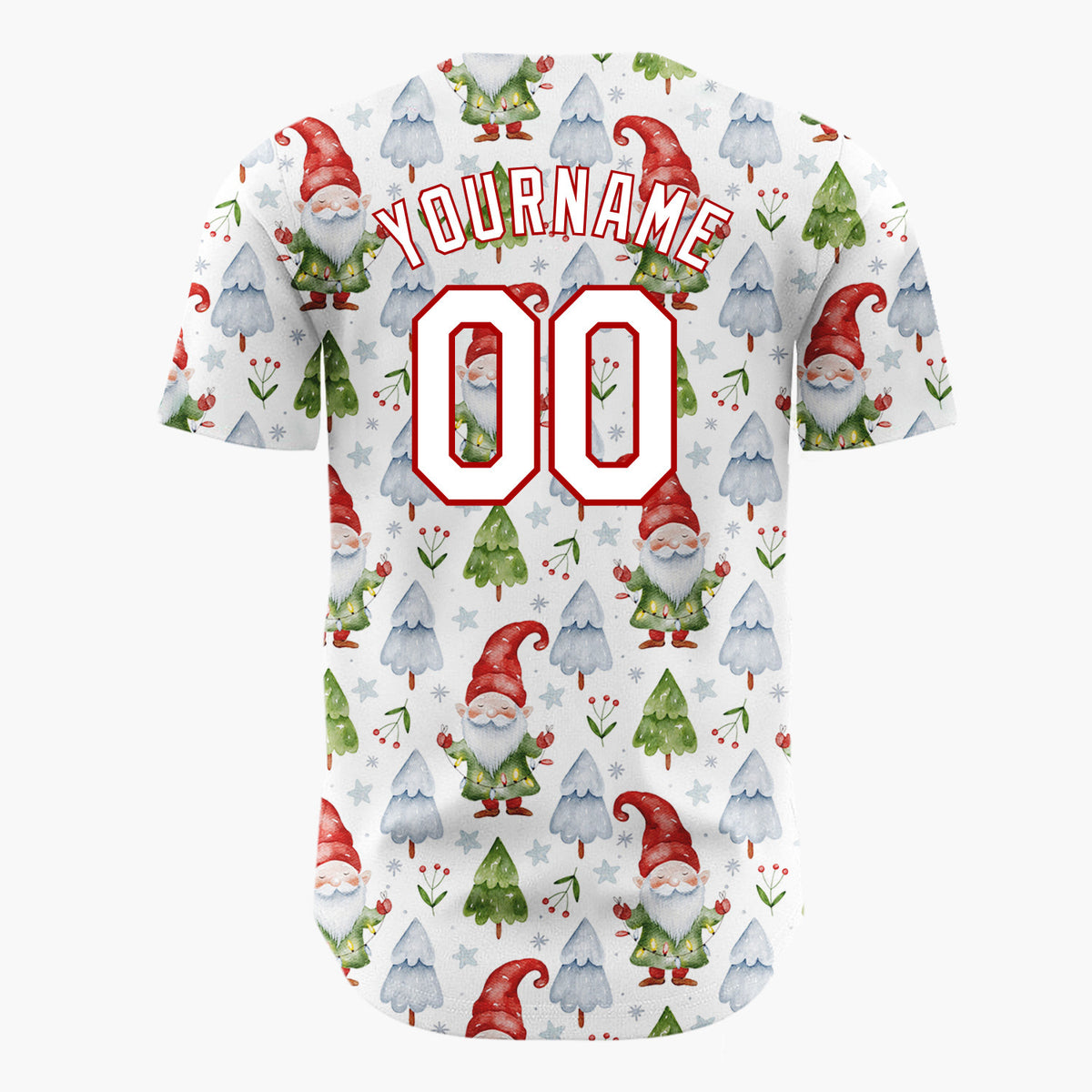 Custom White Gnomes And Christmas Trees Watercolor Christmas Baseball Jersey