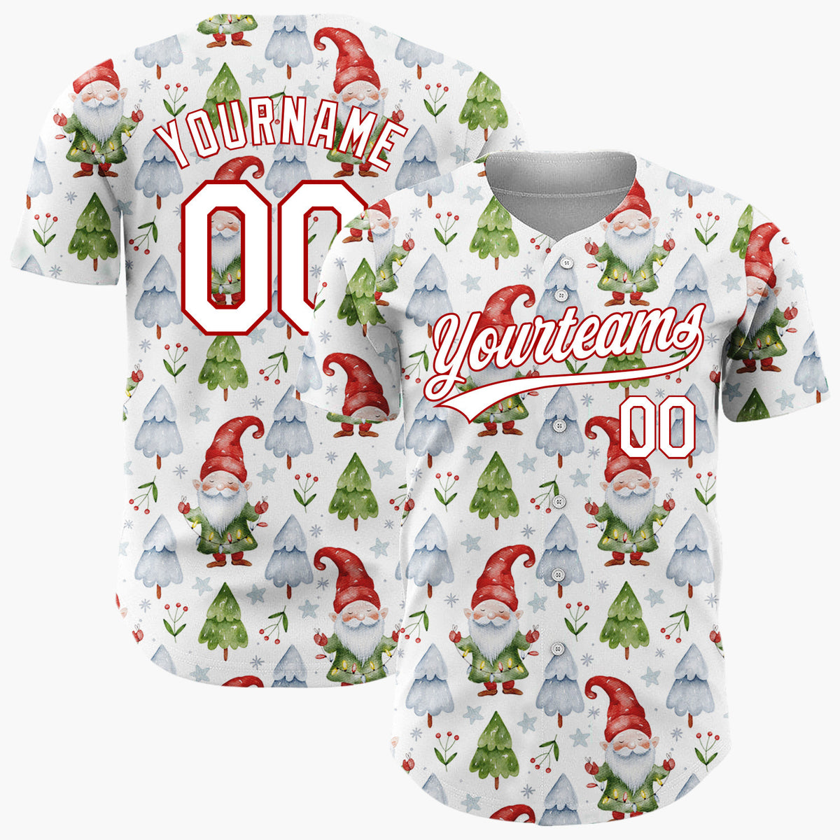 Custom White Gnomes And Christmas Trees Watercolor Christmas Baseball Jersey