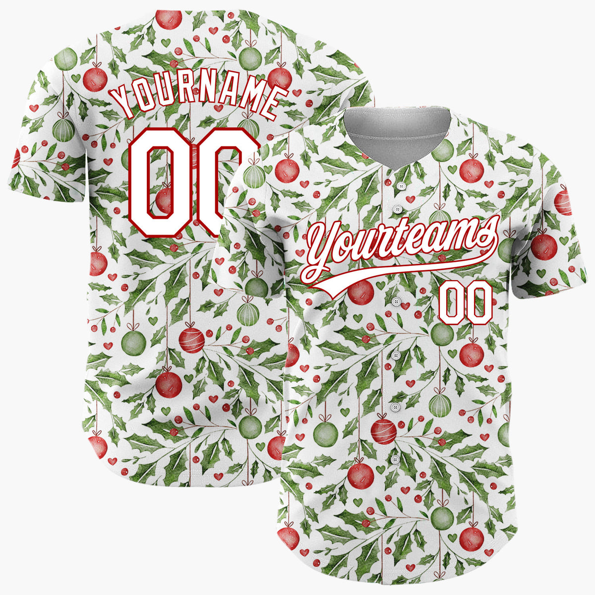 Custom White Holly Leaves And Ornaments Watercolor Christmas Baseball Jersey