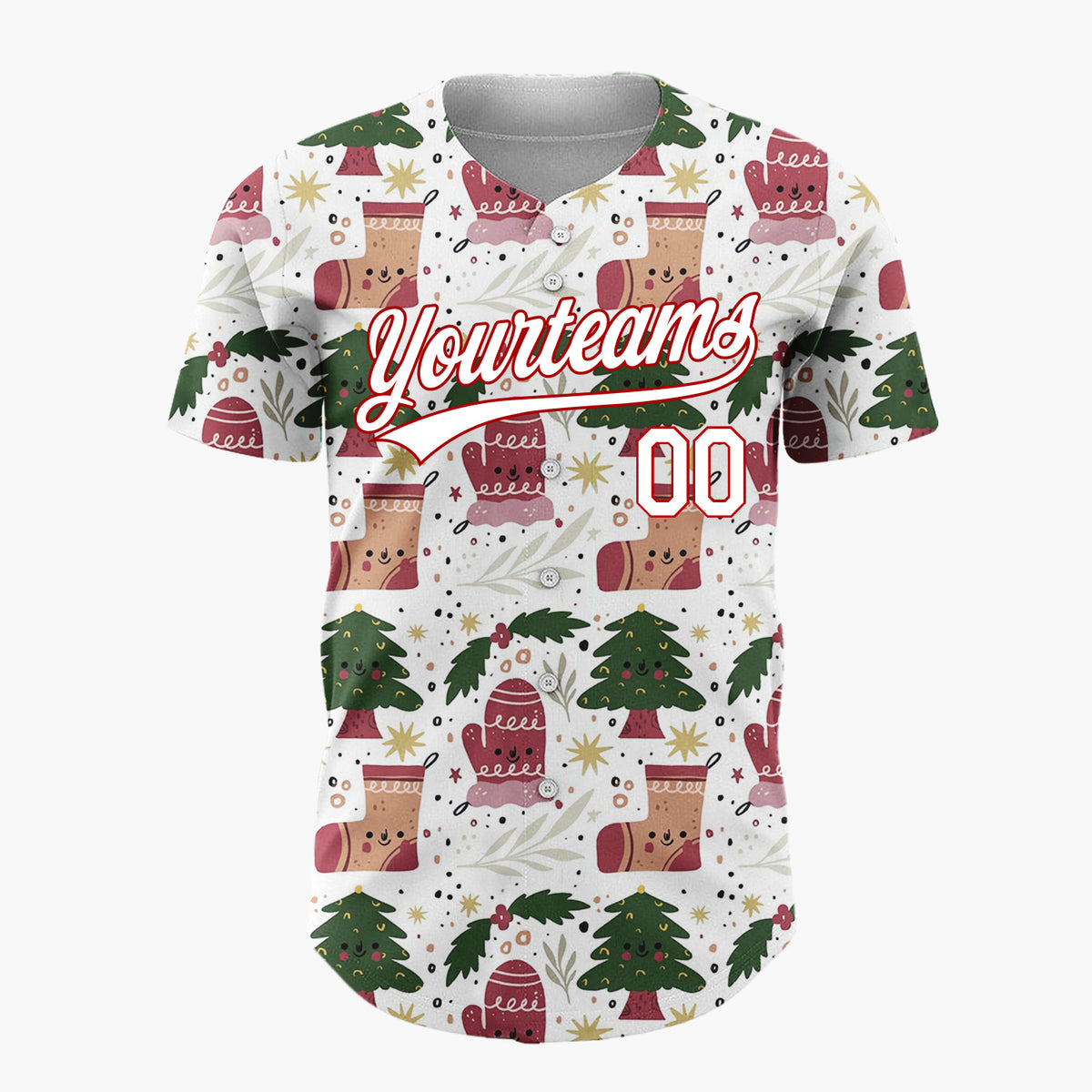 Custom White Green Christmas Trees Mittens And Stockings Cute Holiday Pattern Christmas Baseball Jersey