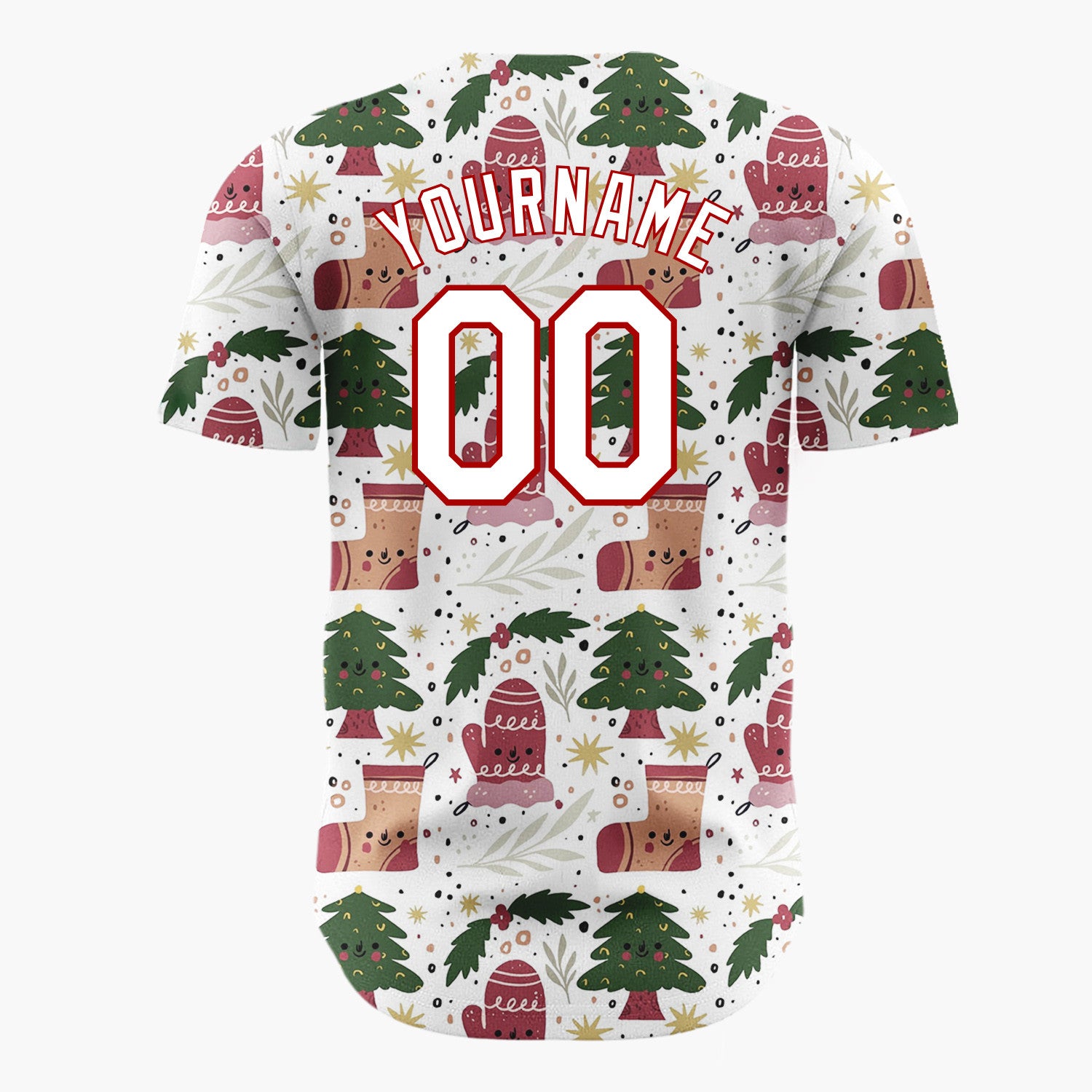 Custom White Green Christmas Trees Mittens And Stockings Cute Holiday Pattern Christmas Baseball Jersey