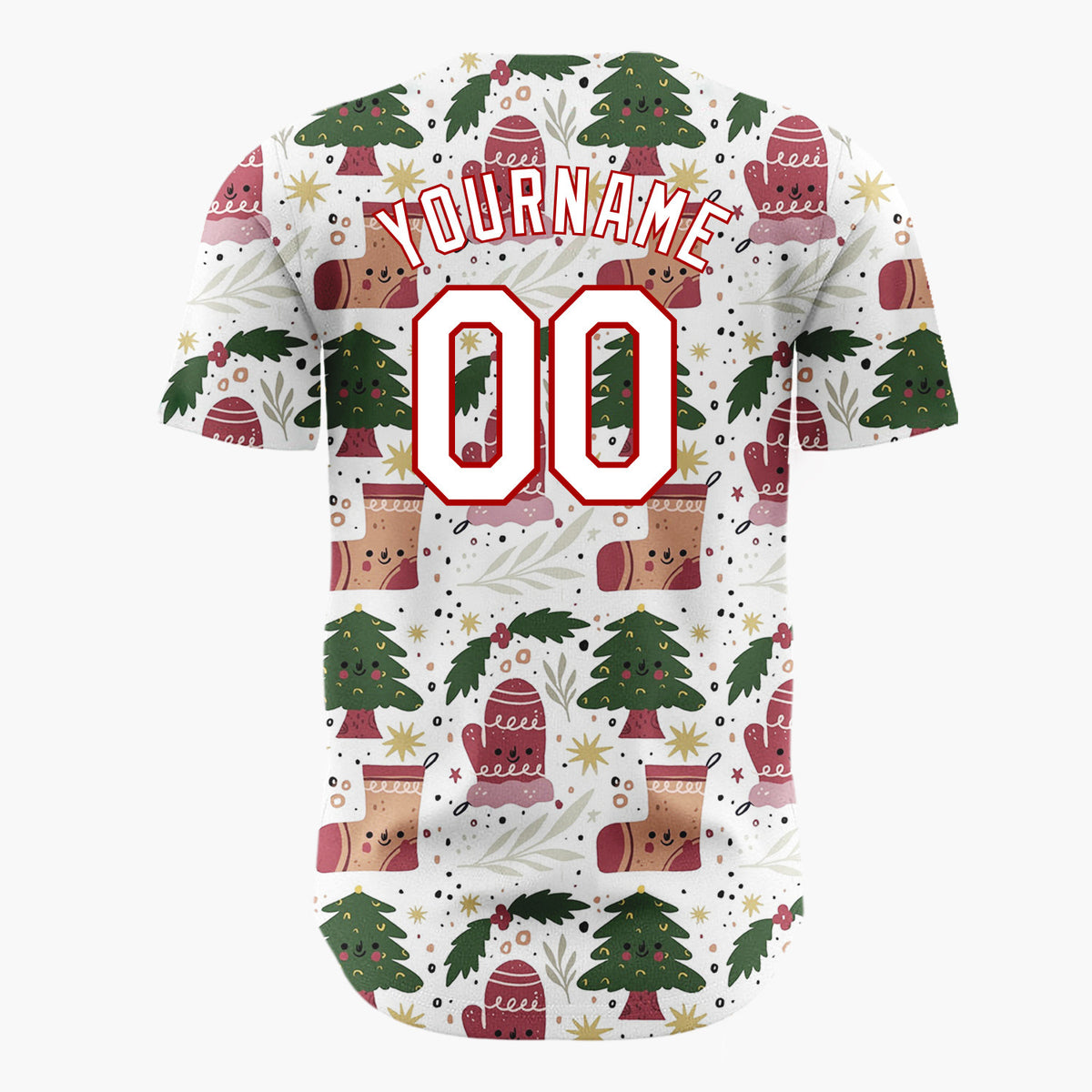 Custom White Green Christmas Trees Mittens And Stockings Cute Holiday Pattern Christmas Baseball Jersey