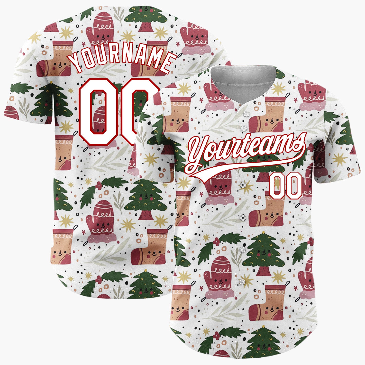 Custom White Green Christmas Trees Mittens And Stockings Cute Holiday Pattern Christmas Baseball Jersey