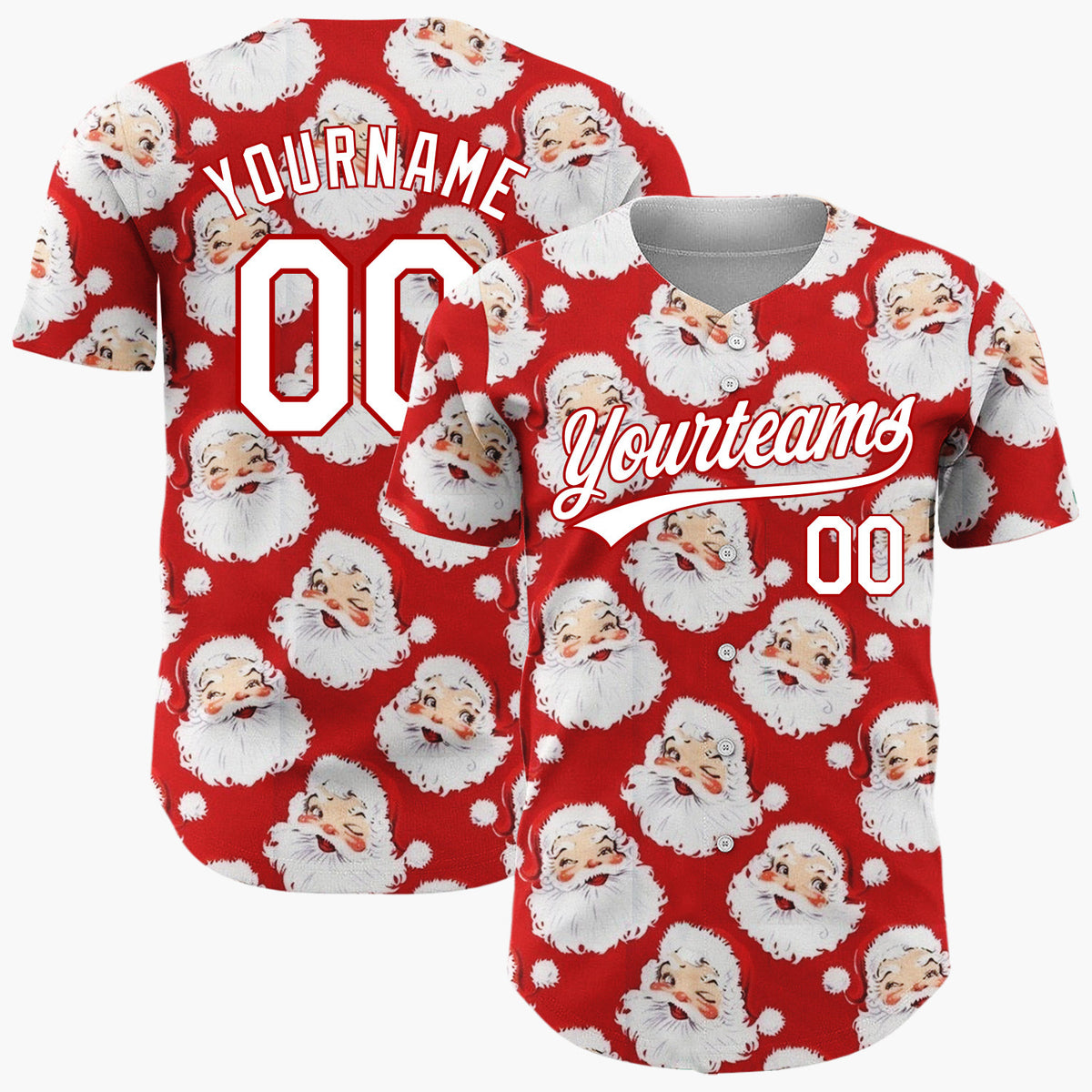 Custom Red Winking Santa Faces Whimsical Christmas Baseball Jersey
