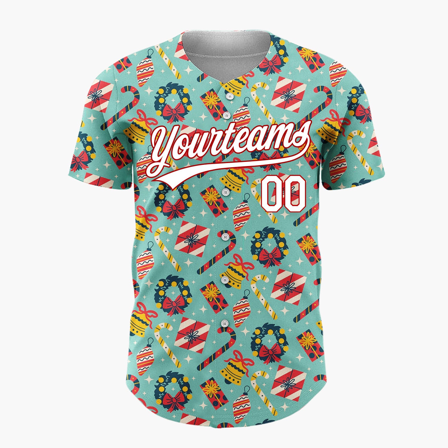 Custom Teal Red Yellow Wreaths Candy Canes And Bells Christmas Flat Pattern Christmas Baseball Jersey