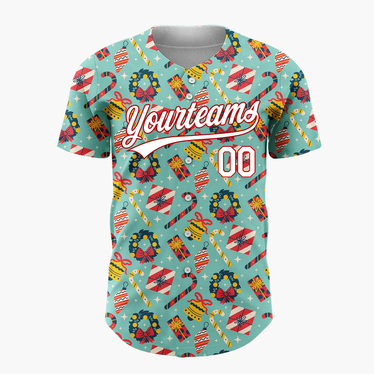Custom Teal Red Yellow Wreaths Candy Canes And Bells Christmas Flat Pattern Christmas Baseball Jersey
