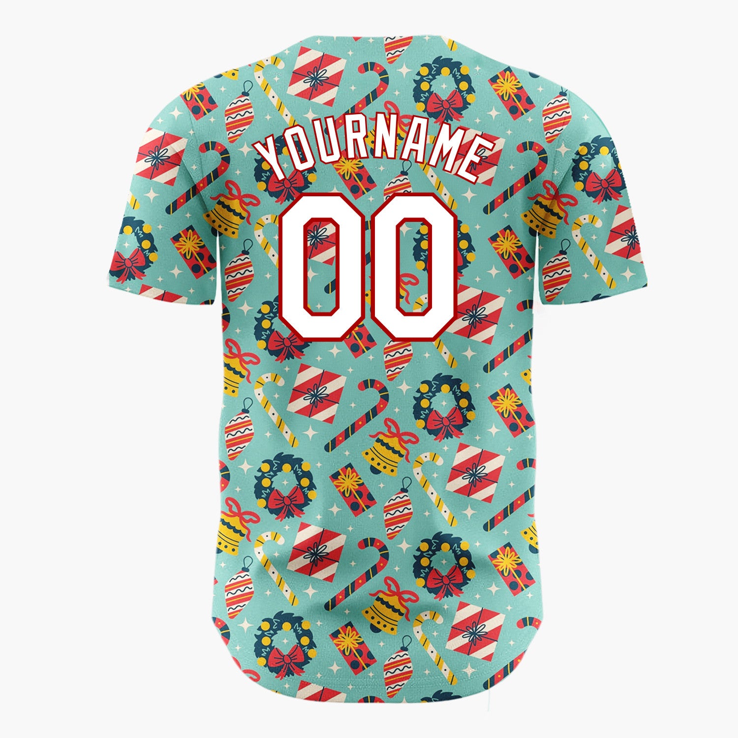 Custom Teal Red Yellow Wreaths Candy Canes And Bells Christmas Flat Pattern Christmas Baseball Jersey
