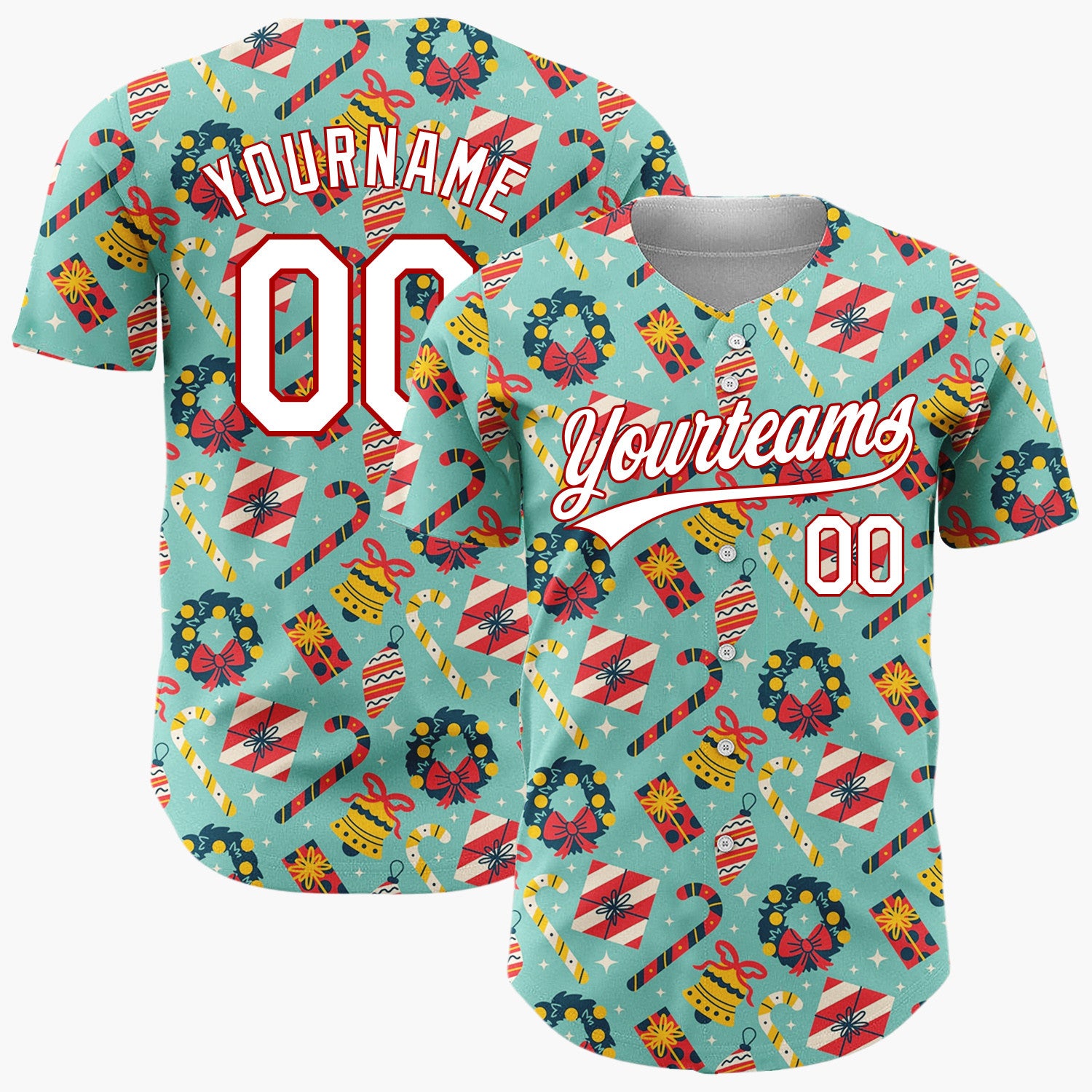Custom Teal Red Yellow Wreaths Candy Canes And Bells Christmas Flat Pattern Christmas Baseball Jersey