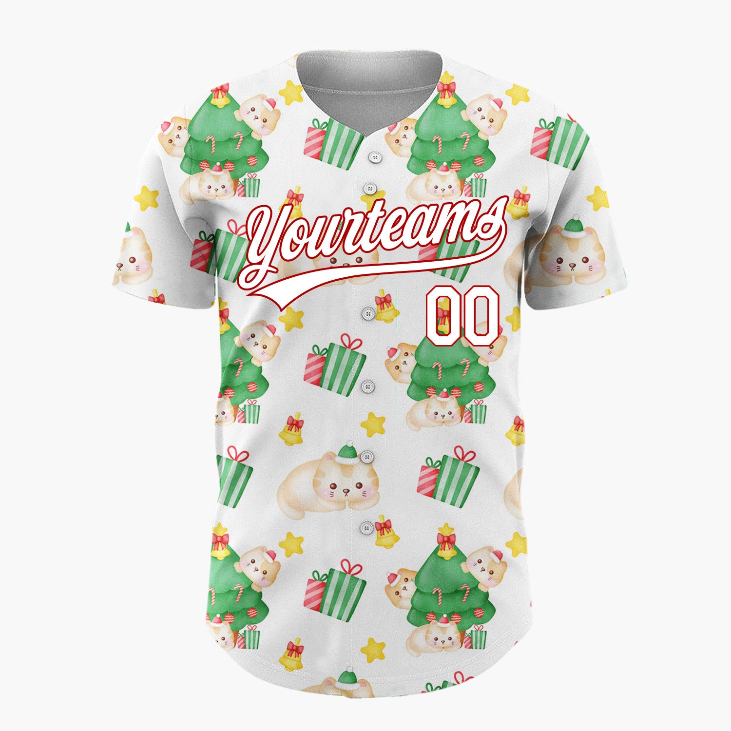 Custom White Cute Cat Christmas Tree Kawaii Pattern Christmas Baseball Jersey