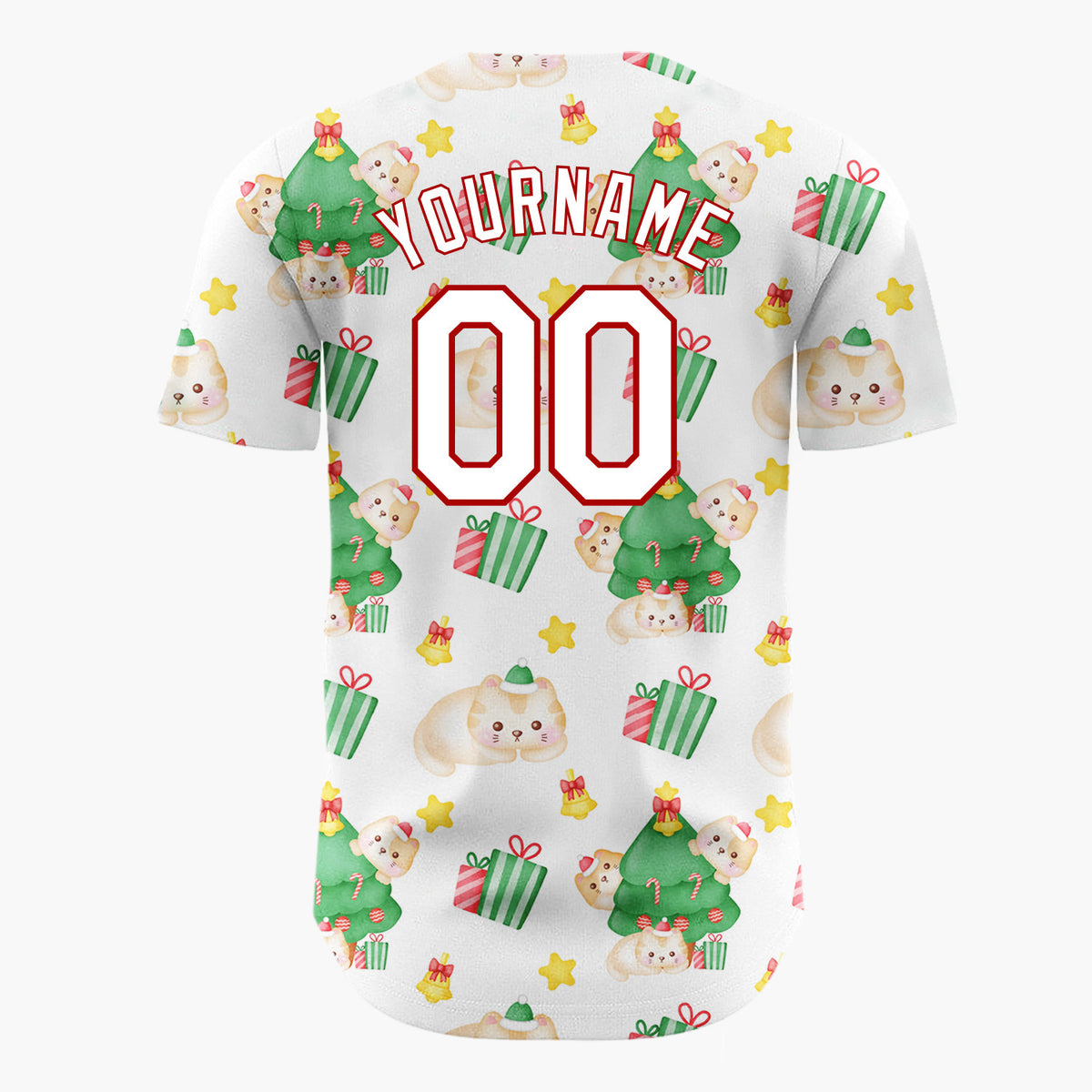 Custom White Cute Cat Christmas Tree Kawaii Pattern Christmas Baseball Jersey