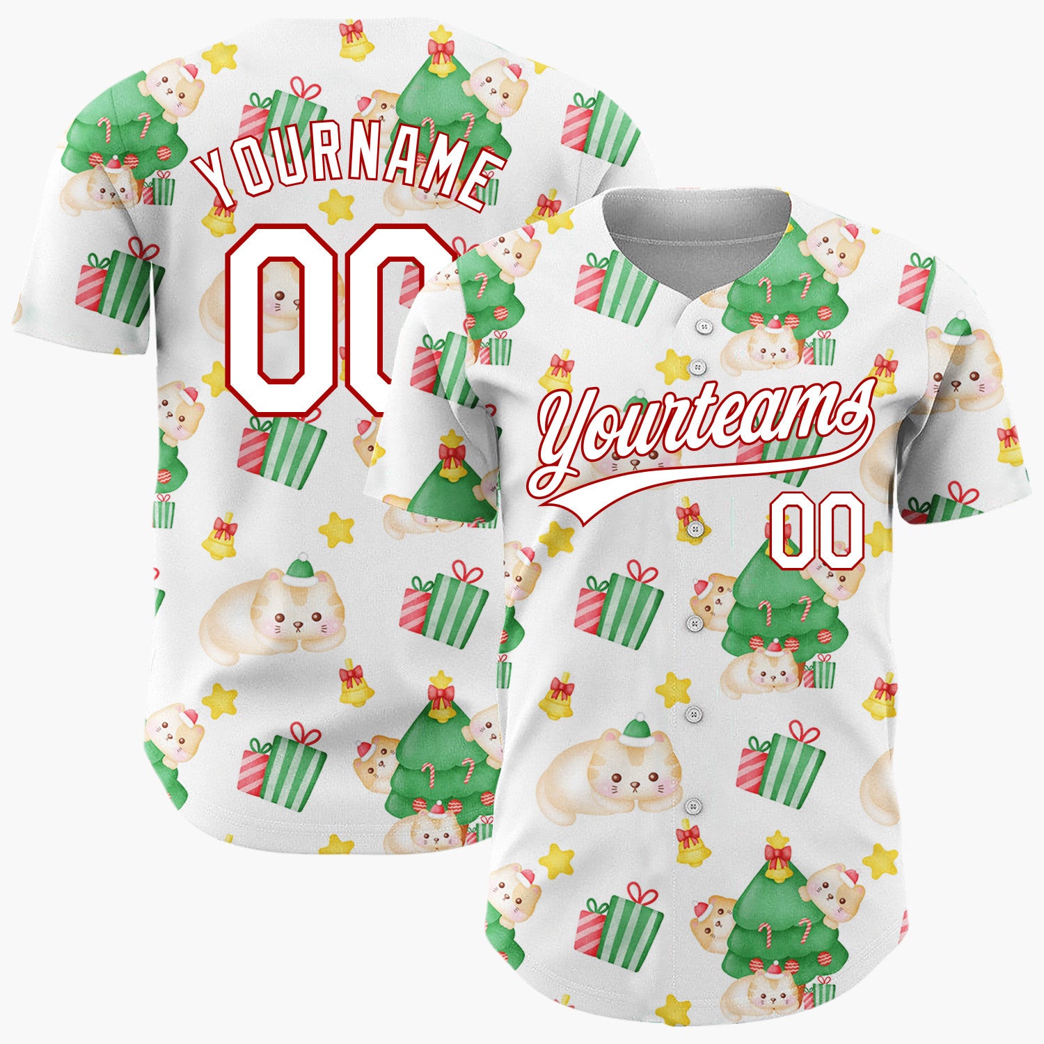 Custom White Cute Cat Christmas Tree Kawaii Pattern Christmas Baseball Jersey