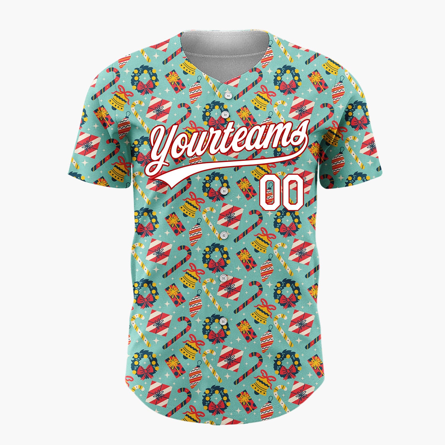 Custom Teal Red Yellow Wreaths And Candy Canes Christmas Baseball Jersey