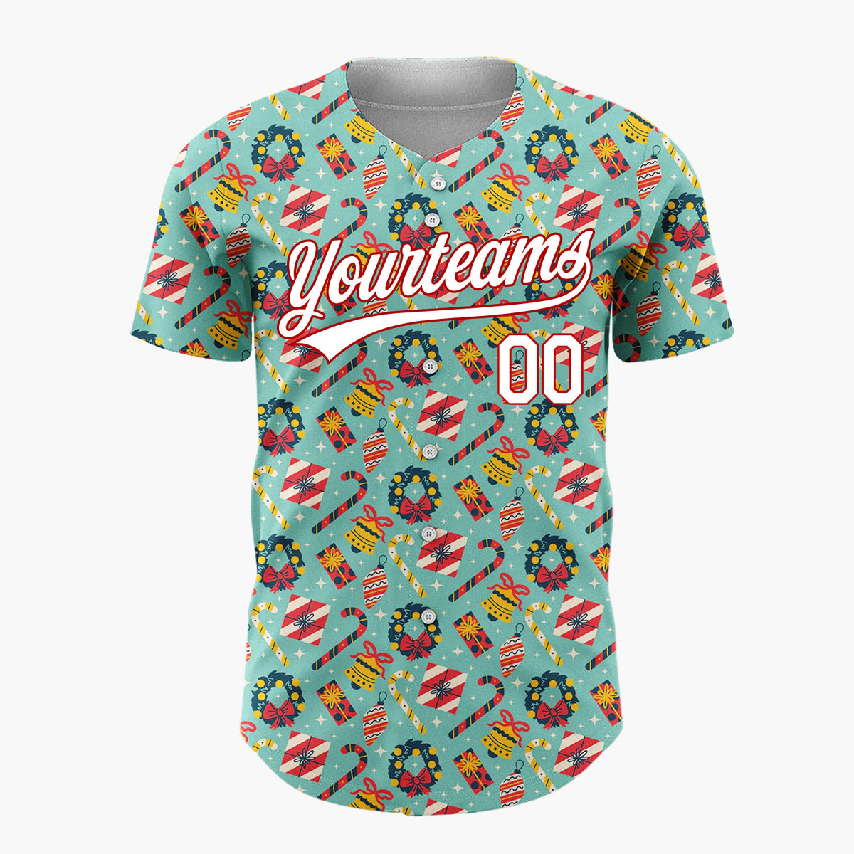 Custom Teal Red Yellow Wreaths And Candy Canes Christmas Baseball Jersey