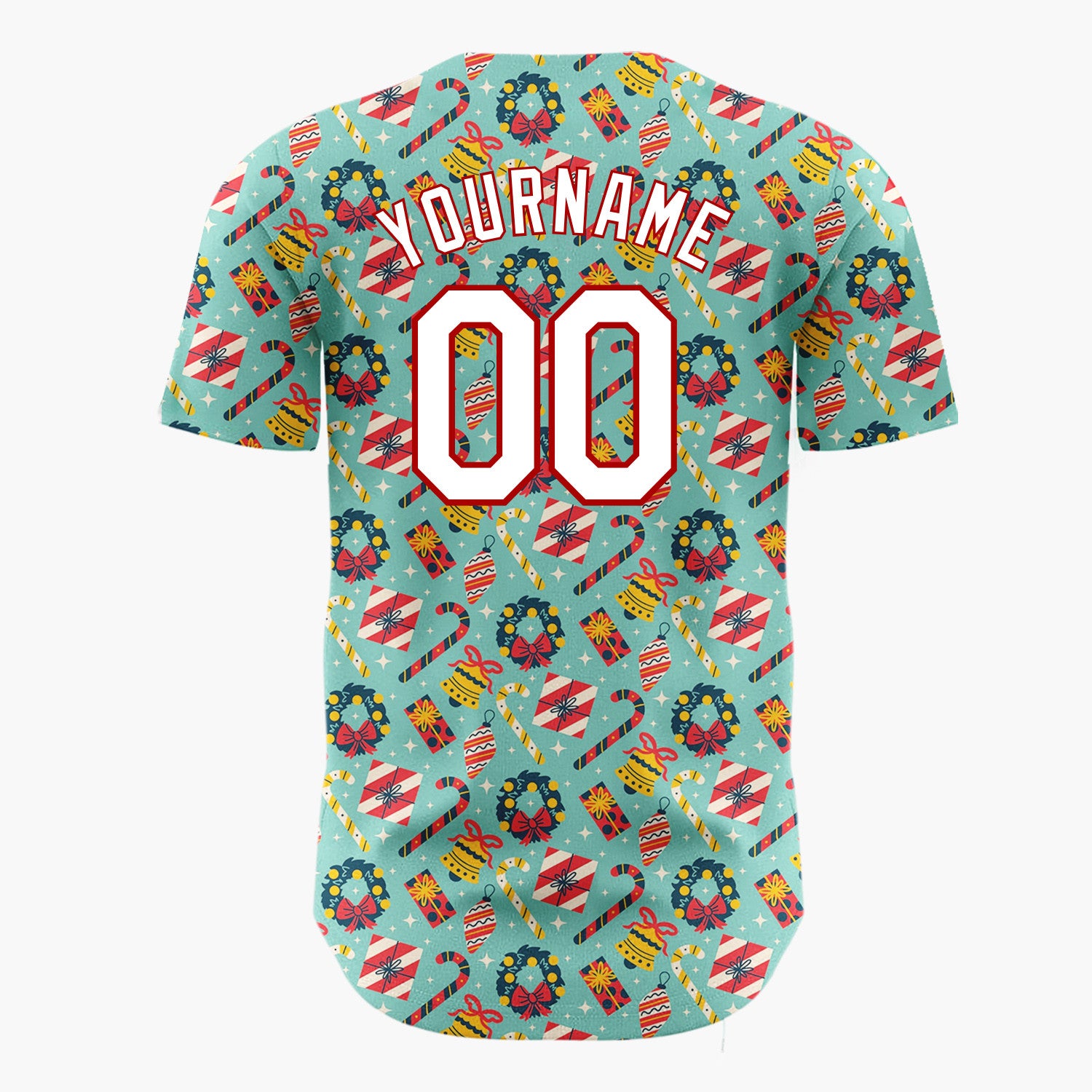 Custom Teal Red Yellow Wreaths And Candy Canes Christmas Baseball Jersey