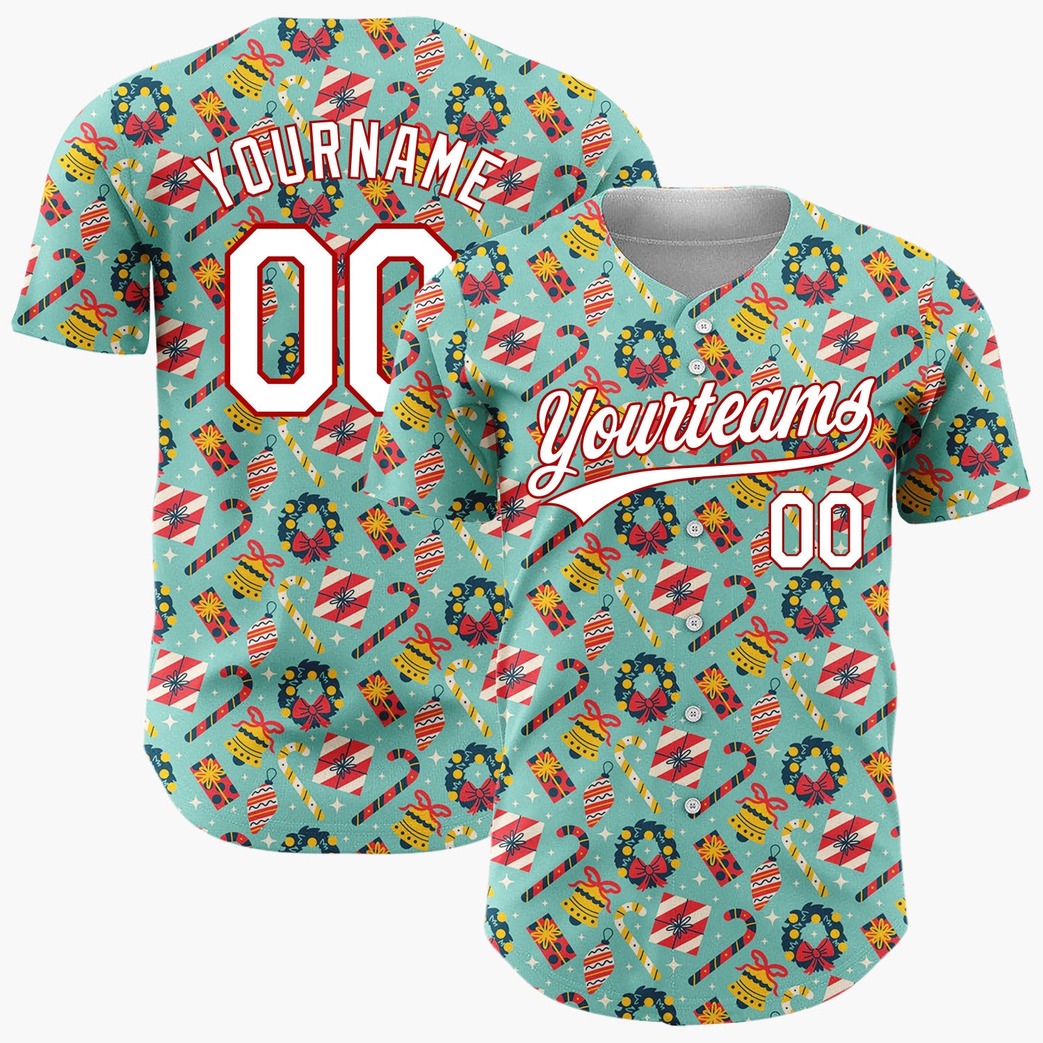 Custom Teal Red Yellow Wreaths And Candy Canes Christmas Baseball Jersey
