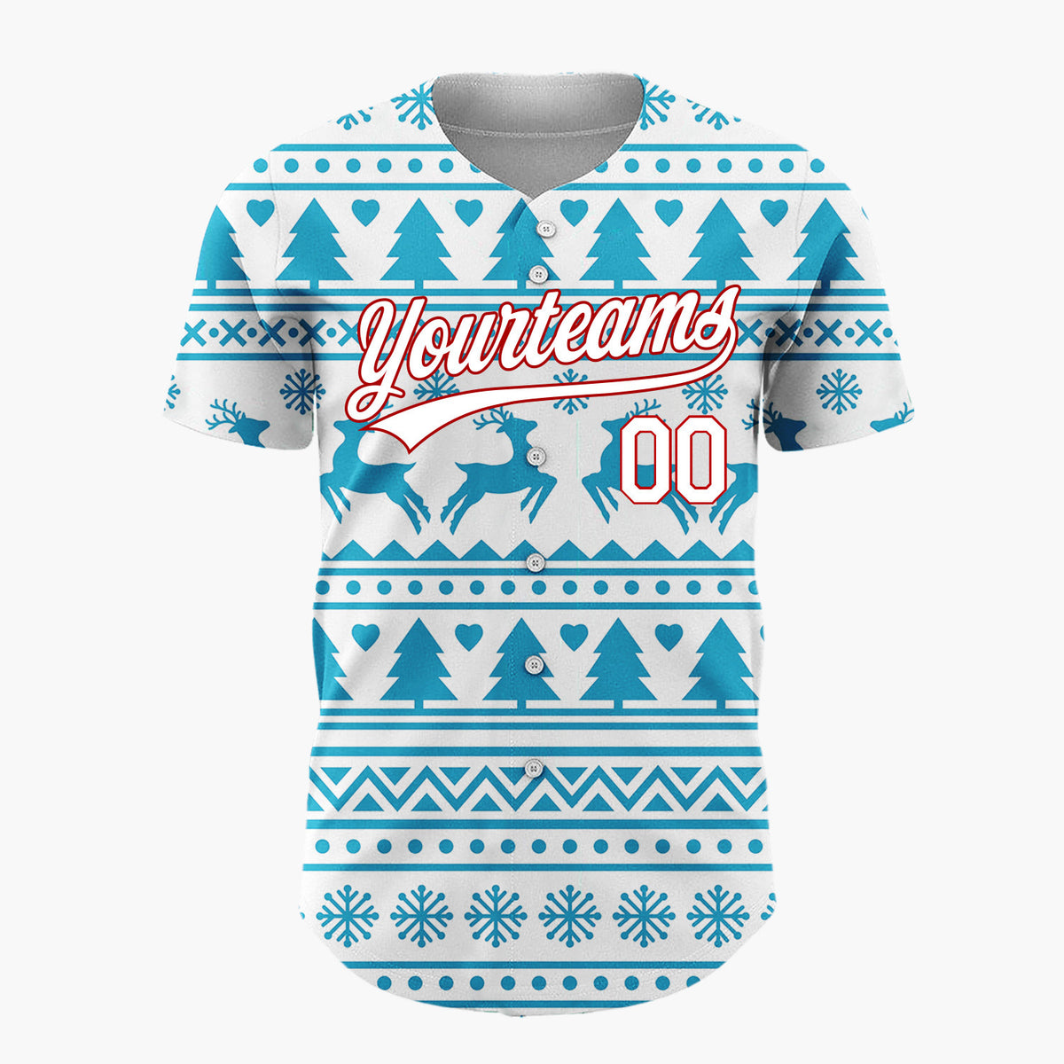 Custom White Blue Reindeer And Tree Nordic Fair Isle Pattern Christmas Baseball Jersey