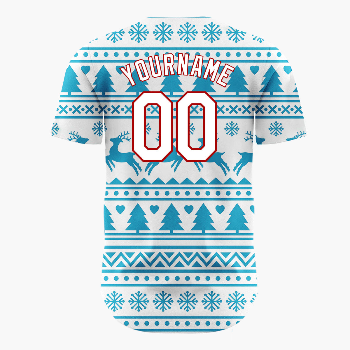Custom White Blue Reindeer And Tree Nordic Fair Isle Pattern Christmas Baseball Jersey