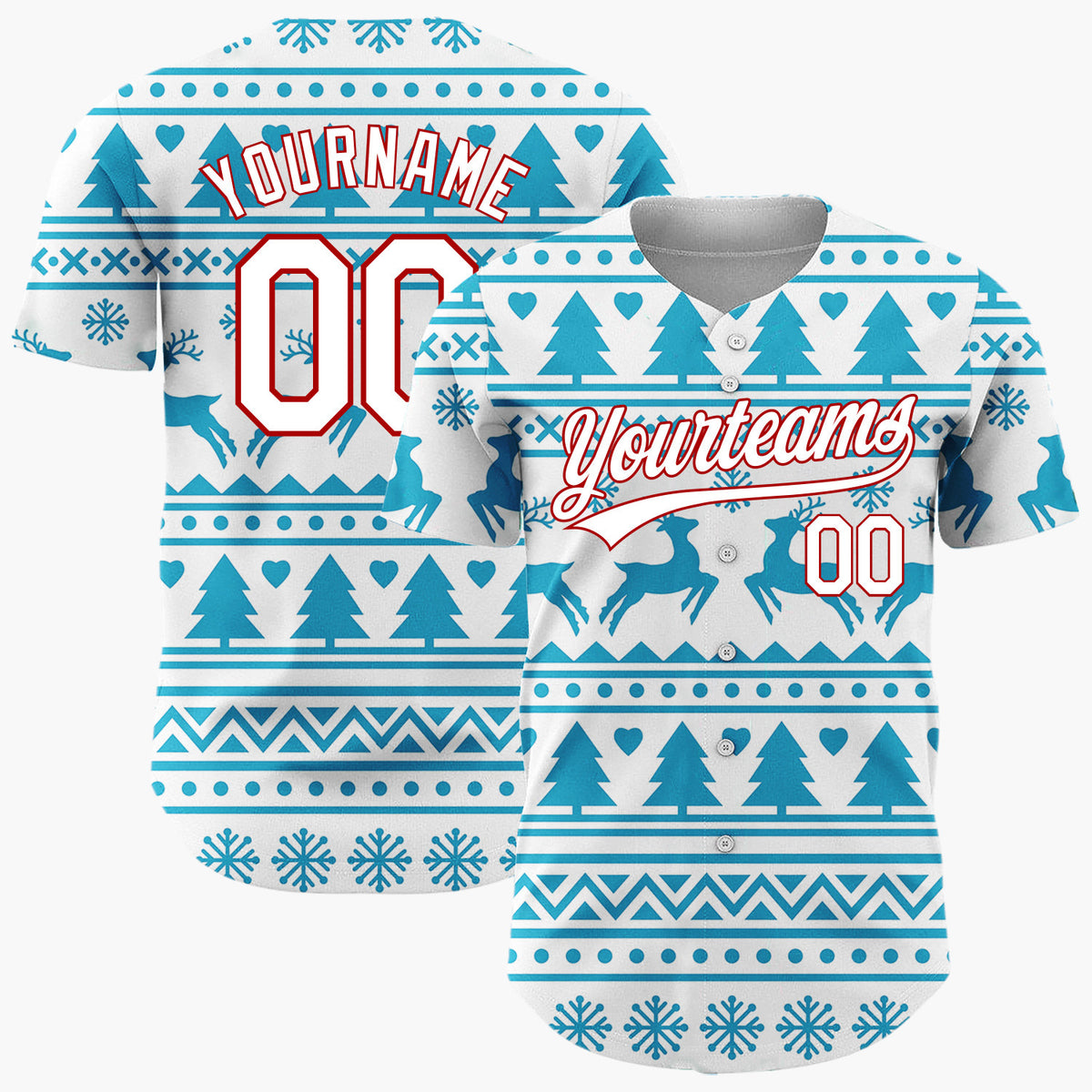 Custom White Blue Reindeer And Tree Nordic Fair Isle Pattern Christmas Baseball Jersey