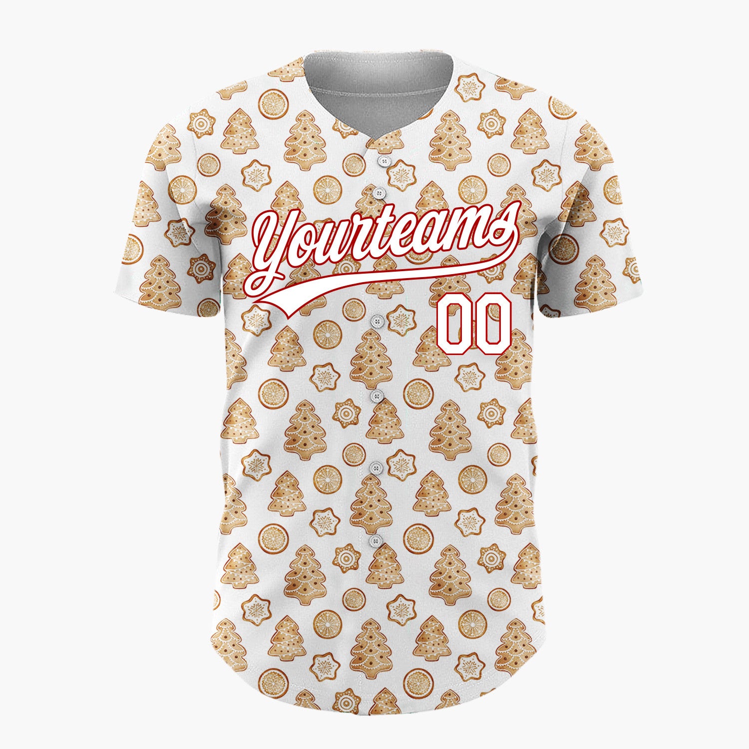 Custom White Gingerbread Trees And Oranges Baked Goods Pattern Christmas Baseball Jersey