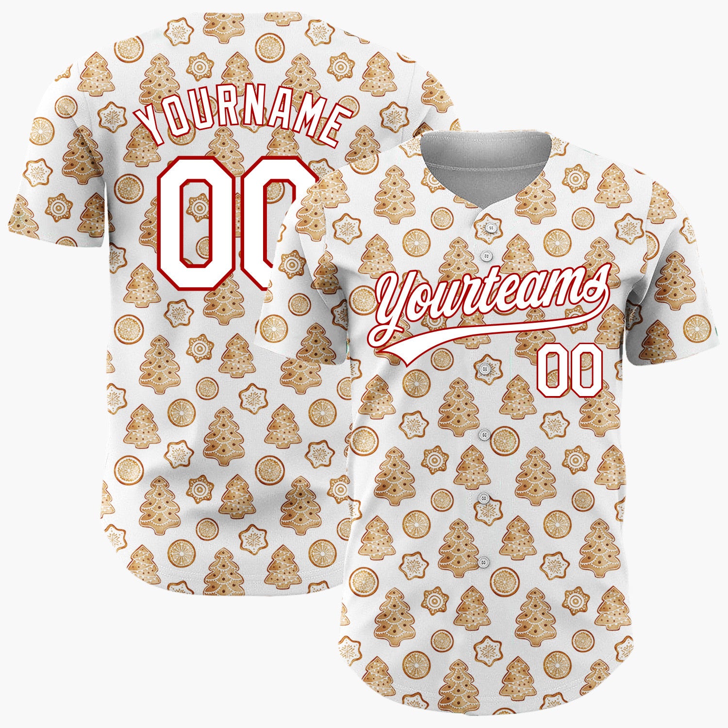 Custom White Gingerbread Trees And Oranges Baked Goods Pattern Christmas Baseball Jersey