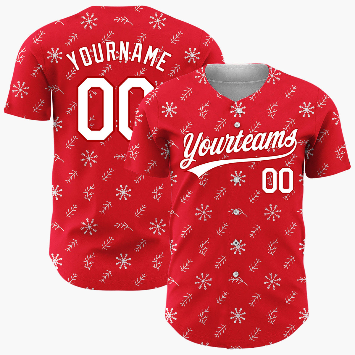 Custom Red White Snowflakes Twigs Minimalist Dotted Pattern Christmas Baseball Jersey