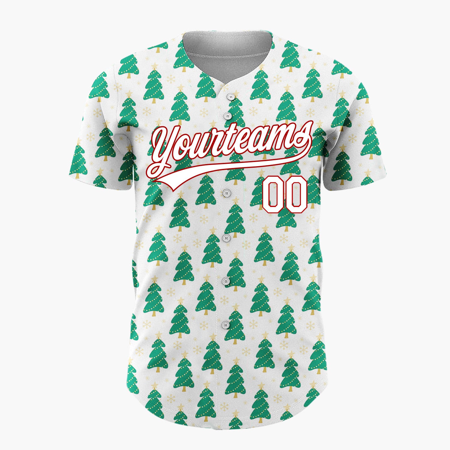 Custom White Green Christmas Tree Cartoon Pattern Christmas Baseball Jersey