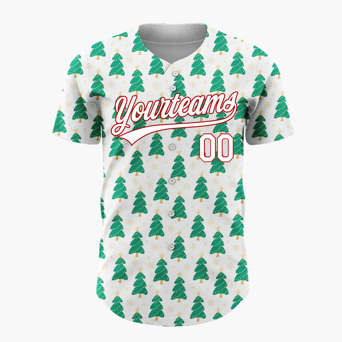 Custom White Green Christmas Tree Cartoon Pattern Christmas Baseball Jersey