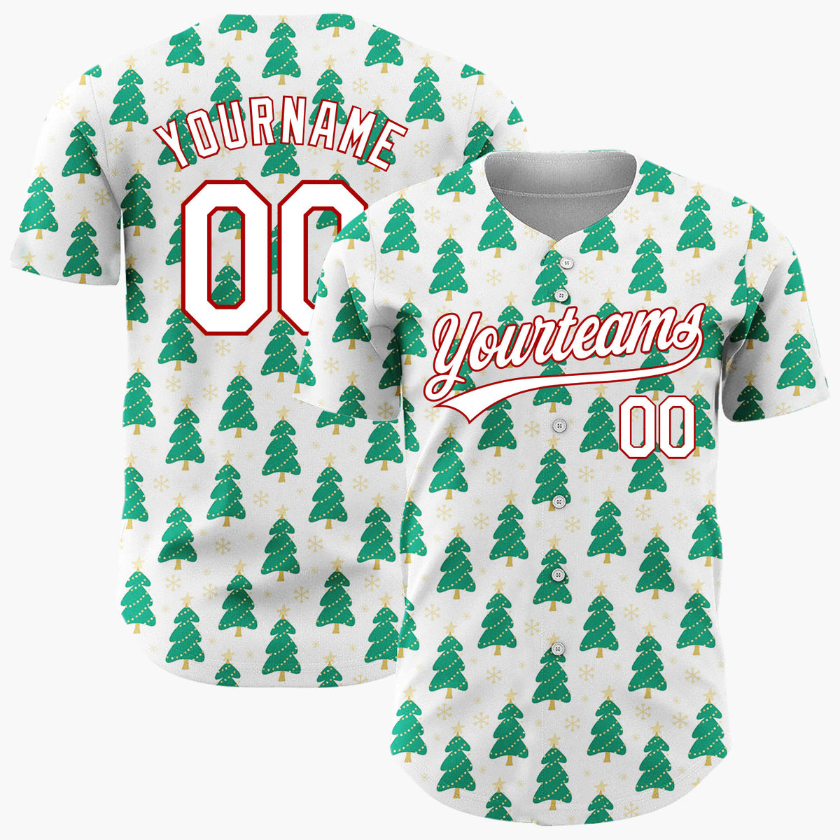 Custom White Green Christmas Tree Cartoon Pattern Christmas Baseball Jersey