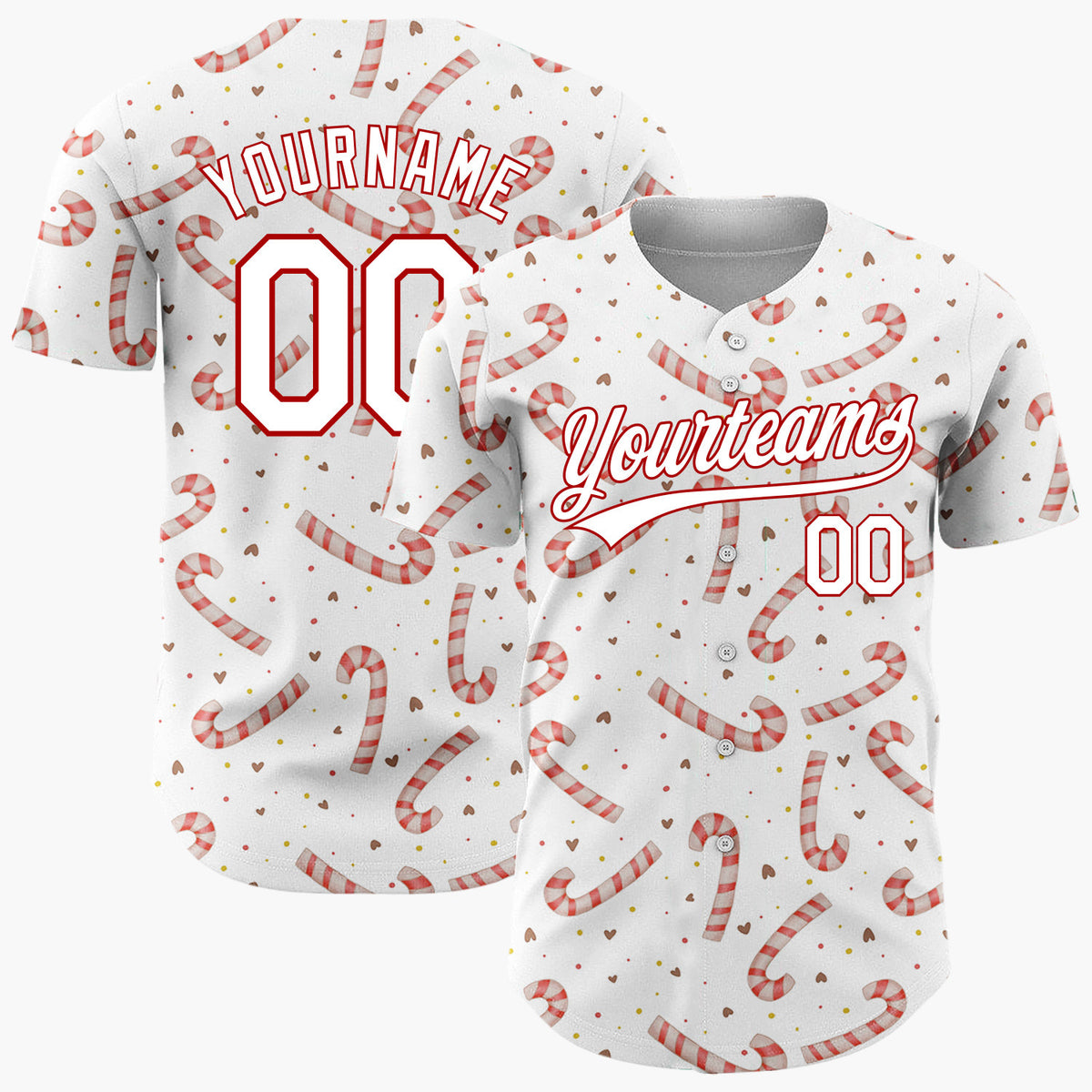 Custom White Red Candy Canes And Hearts Simple Holiday Pattern Christmas Baseball Jersey