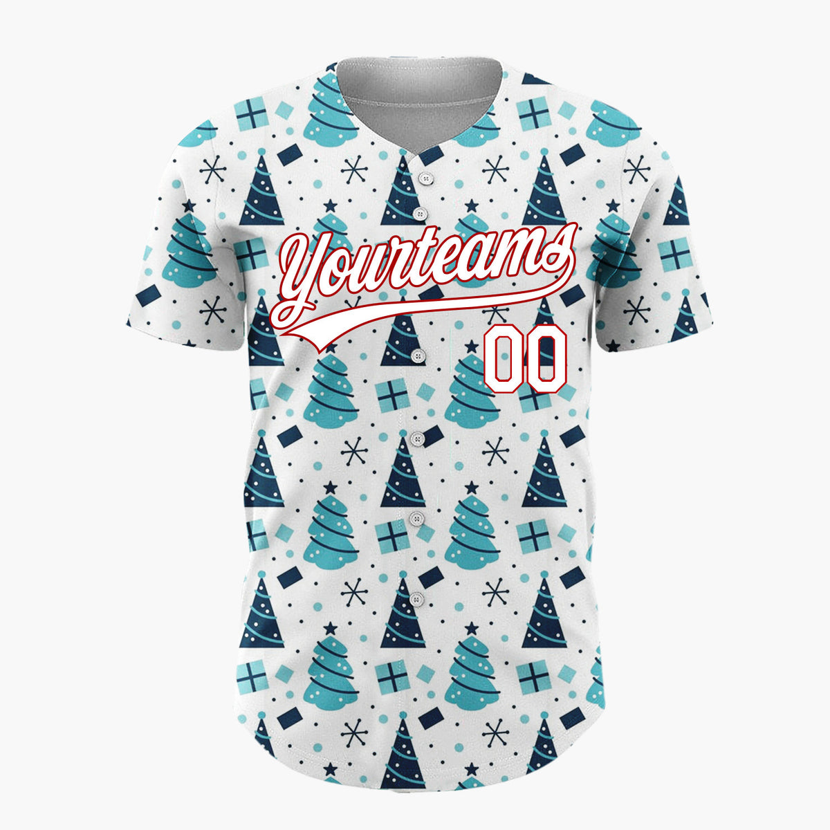 Custom White Blue Geometric Trees Gifts And Snowflakes Christmas Baseball Jersey