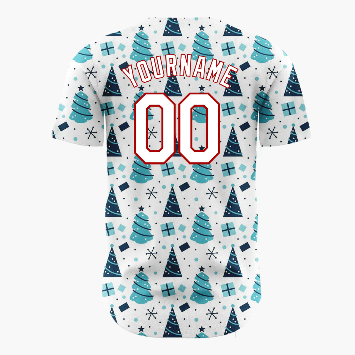 Custom White Blue Geometric Trees Gifts And Snowflakes Christmas Baseball Jersey