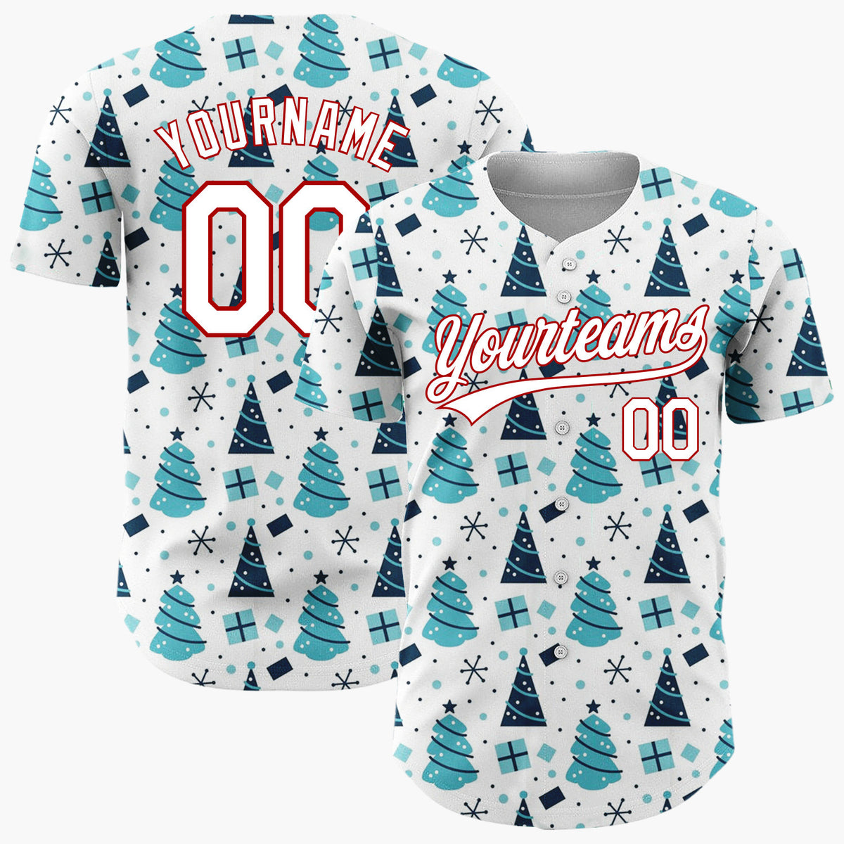 Custom White Blue Geometric Trees Gifts And Snowflakes Christmas Baseball Jersey