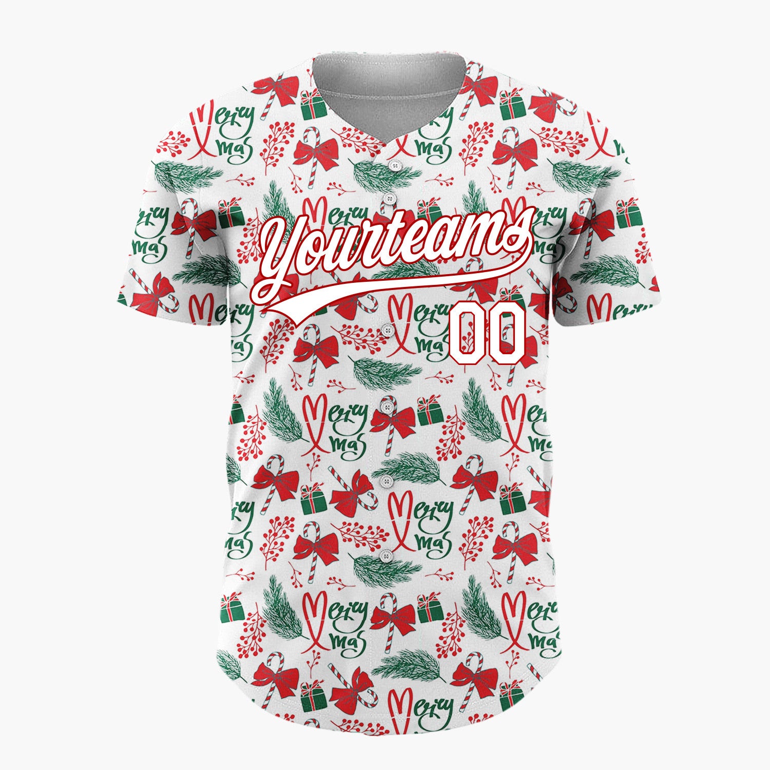Custom White Red Green Bows Gifts And Candy Canes Merry Xmas Pattern Christmas Baseball Jersey