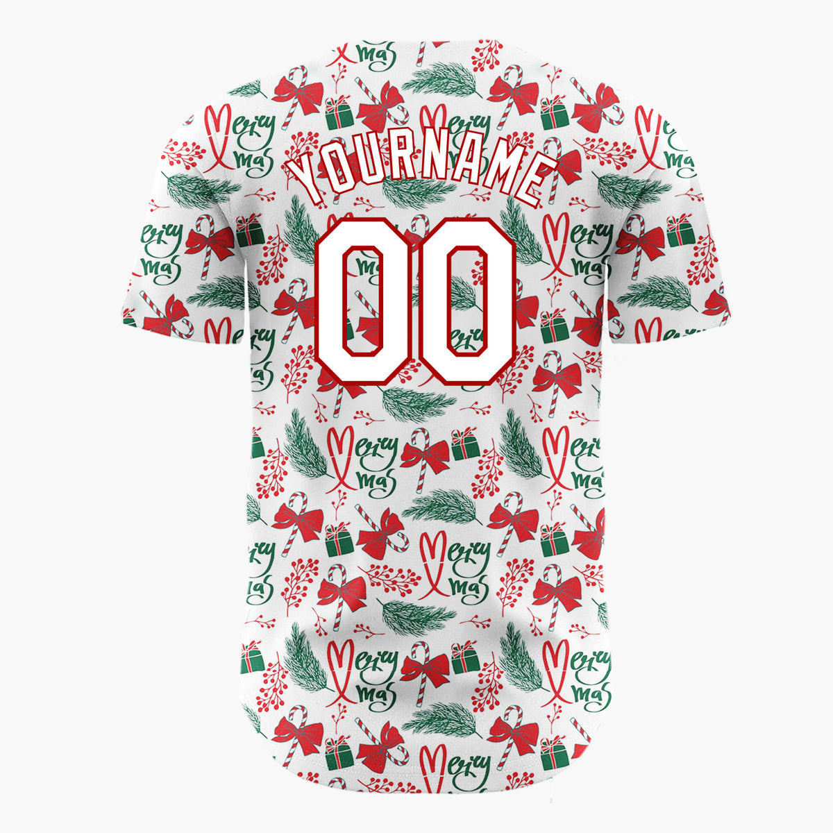 Custom White Red Green Bows Gifts And Candy Canes Merry Xmas Pattern Christmas Baseball Jersey