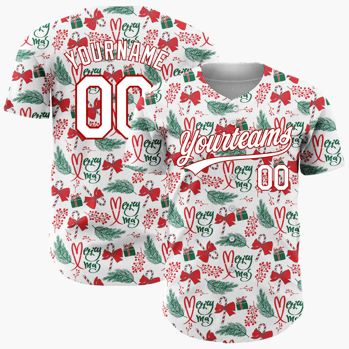 Custom White Red Green Bows Gifts And Candy Canes Merry Xmas Pattern Christmas Baseball Jersey