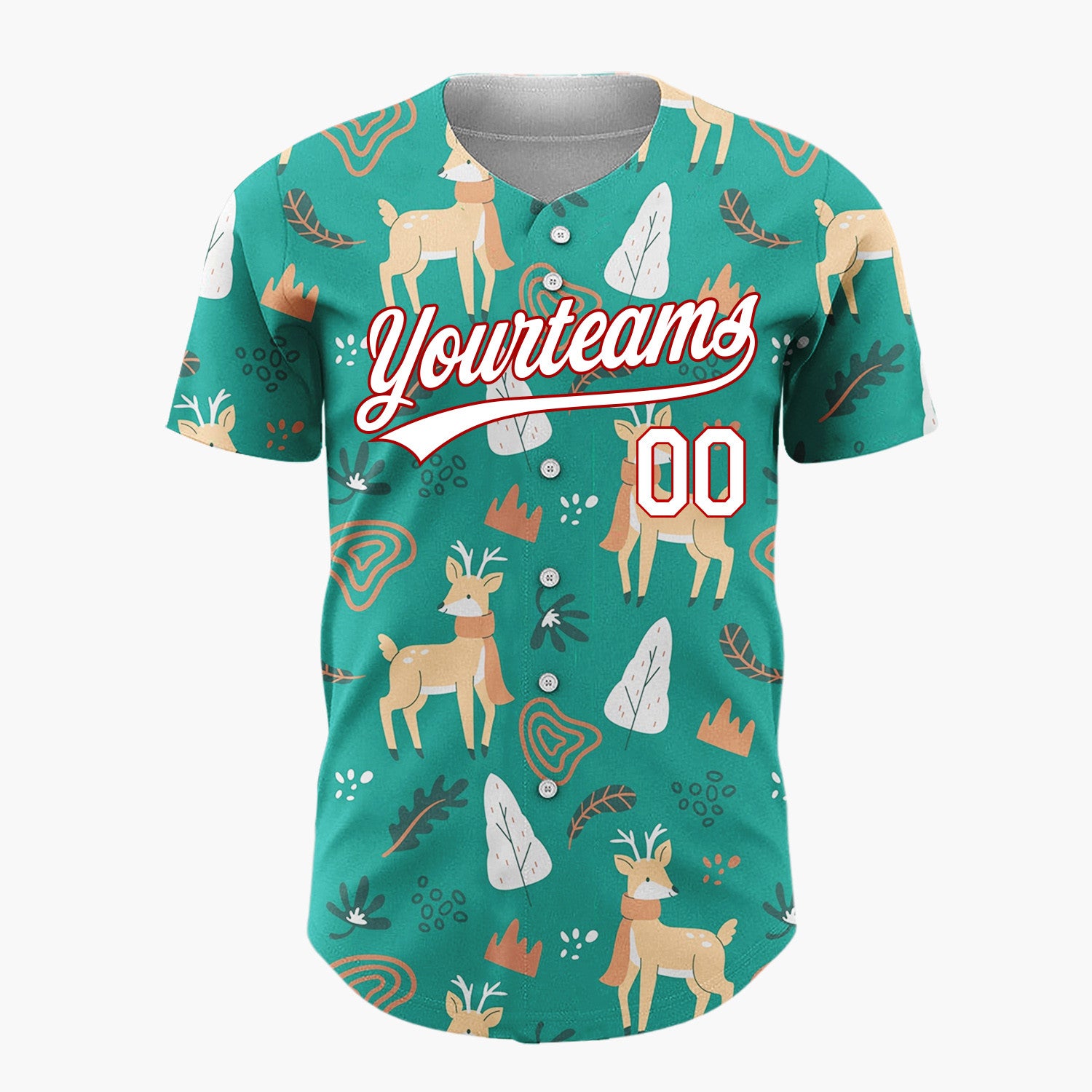 Custom Teal Reindeers With Leaves Modern Winter Forest Pattern Christmas Baseball Jersey