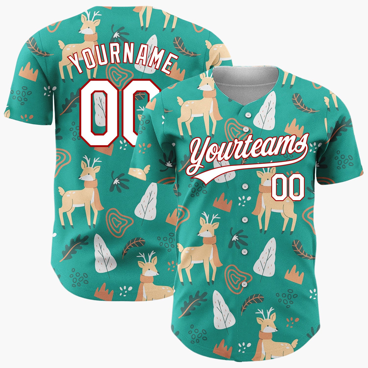 Custom Teal Reindeers With Leaves Modern Winter Forest Pattern Christmas Baseball Jersey