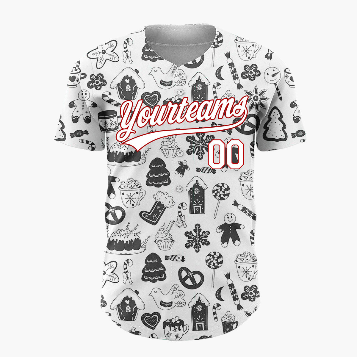 Custom White Black Holiday Treats Icons Doodle Pattern Christmas Baseball Jersey