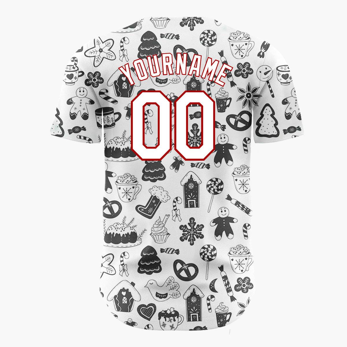 Custom White Black Holiday Treats Icons Doodle Pattern Christmas Baseball Jersey